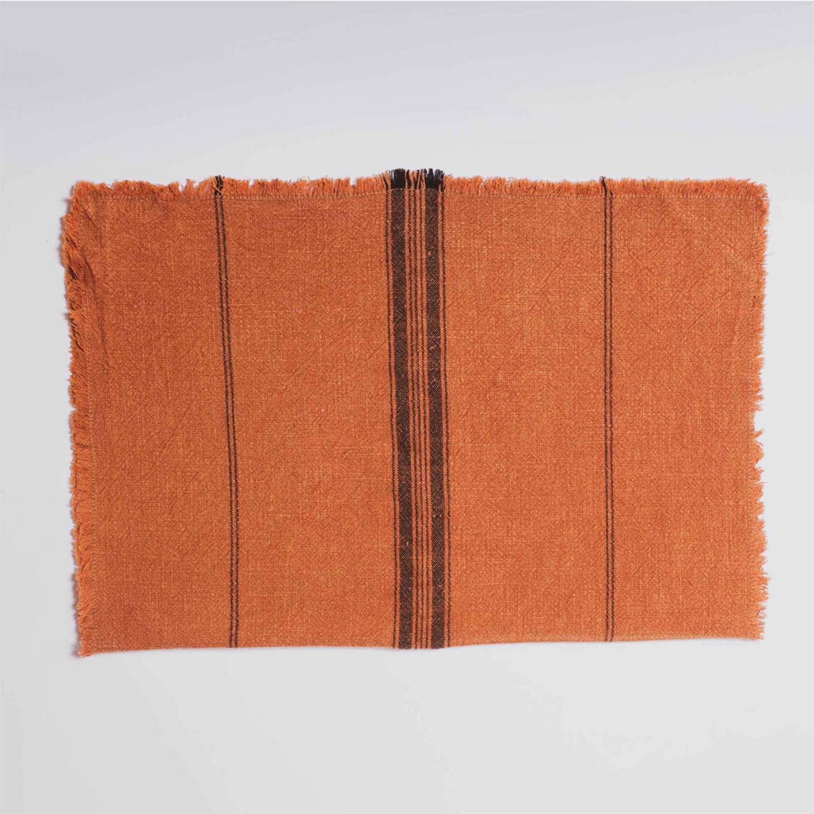 Striped Cotton Tea Towel With Fringing In Burnt Orange