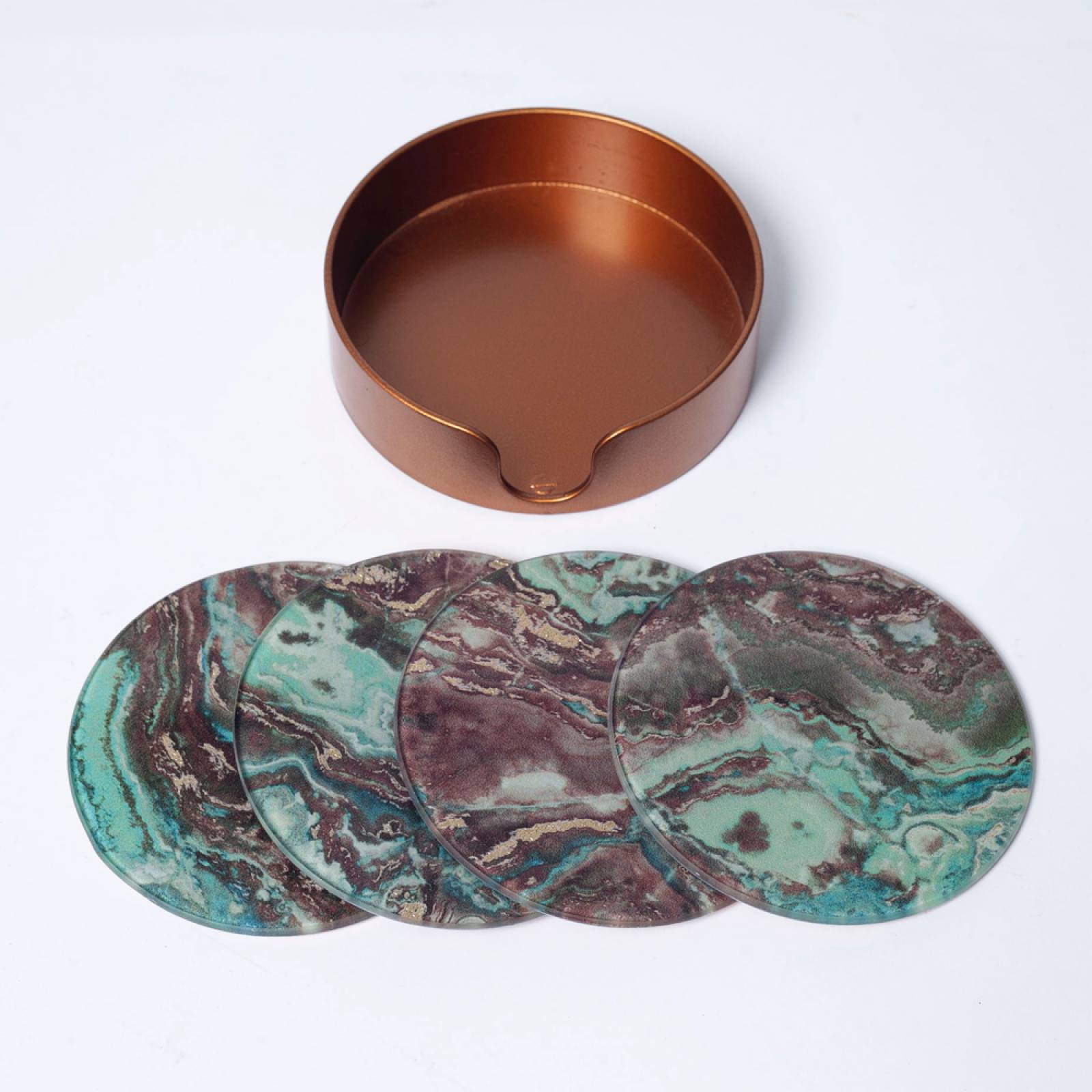 Set Of 4 Green Marble Effect Glass Coasters In Holder thumbnails