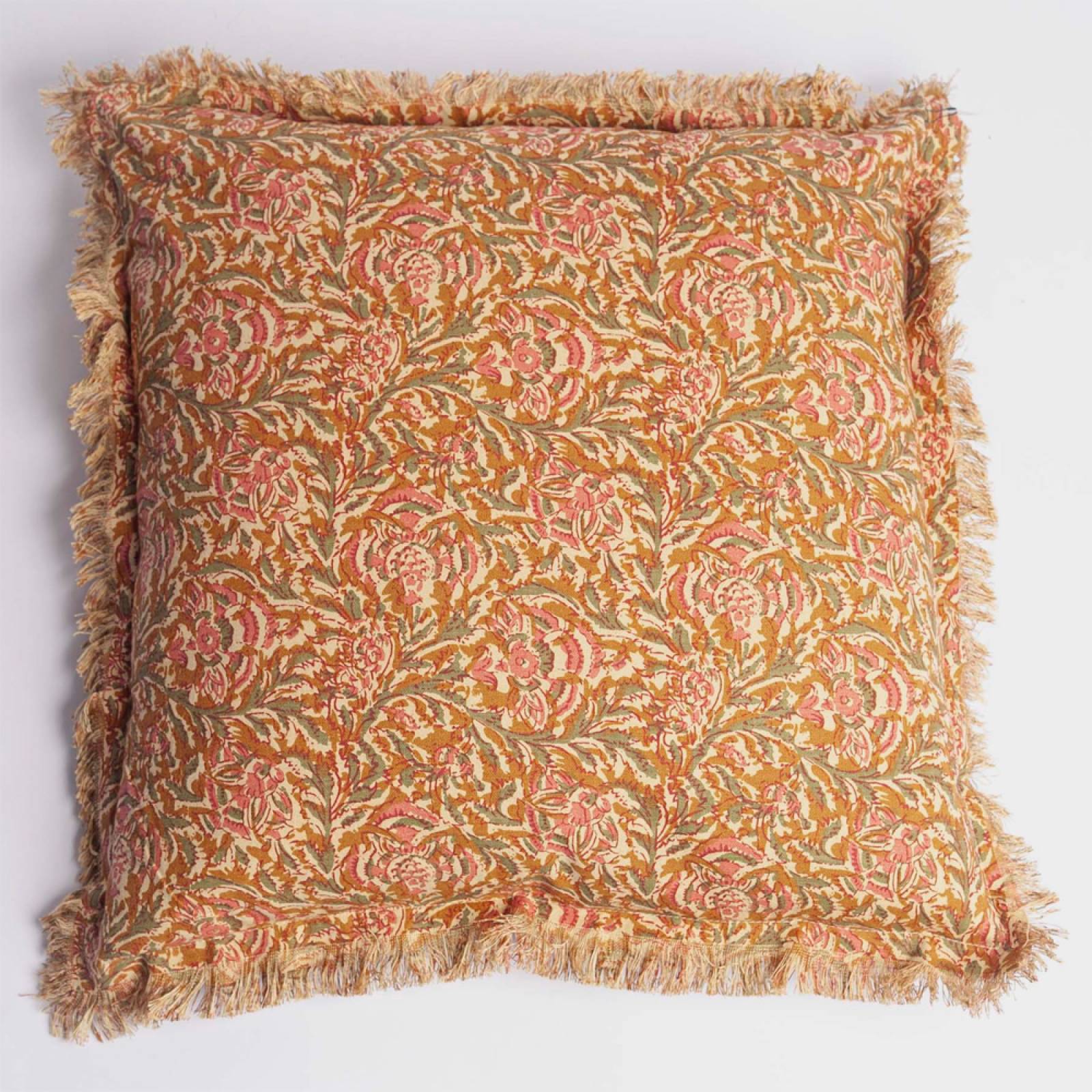 Square Cushion In Honey Rose Block Print With Fringing 50x50