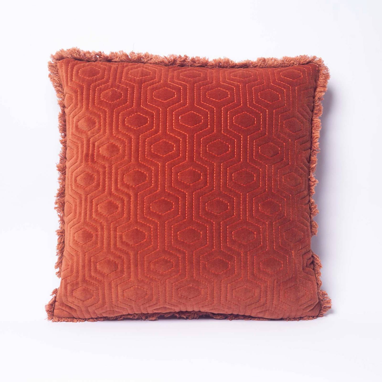 Square Patterned Orange Cushion With Fringing 45x45cm