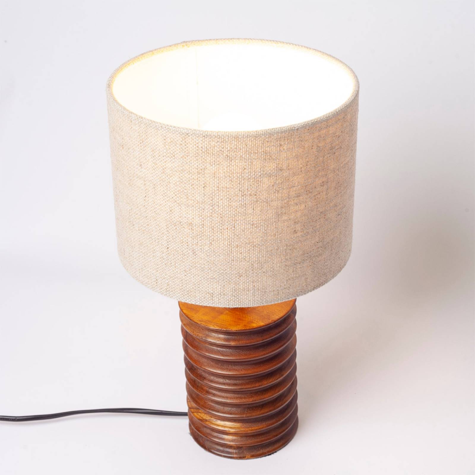 Wooden Ribbed Lamp With Light Cylindrical Shade thumbnails