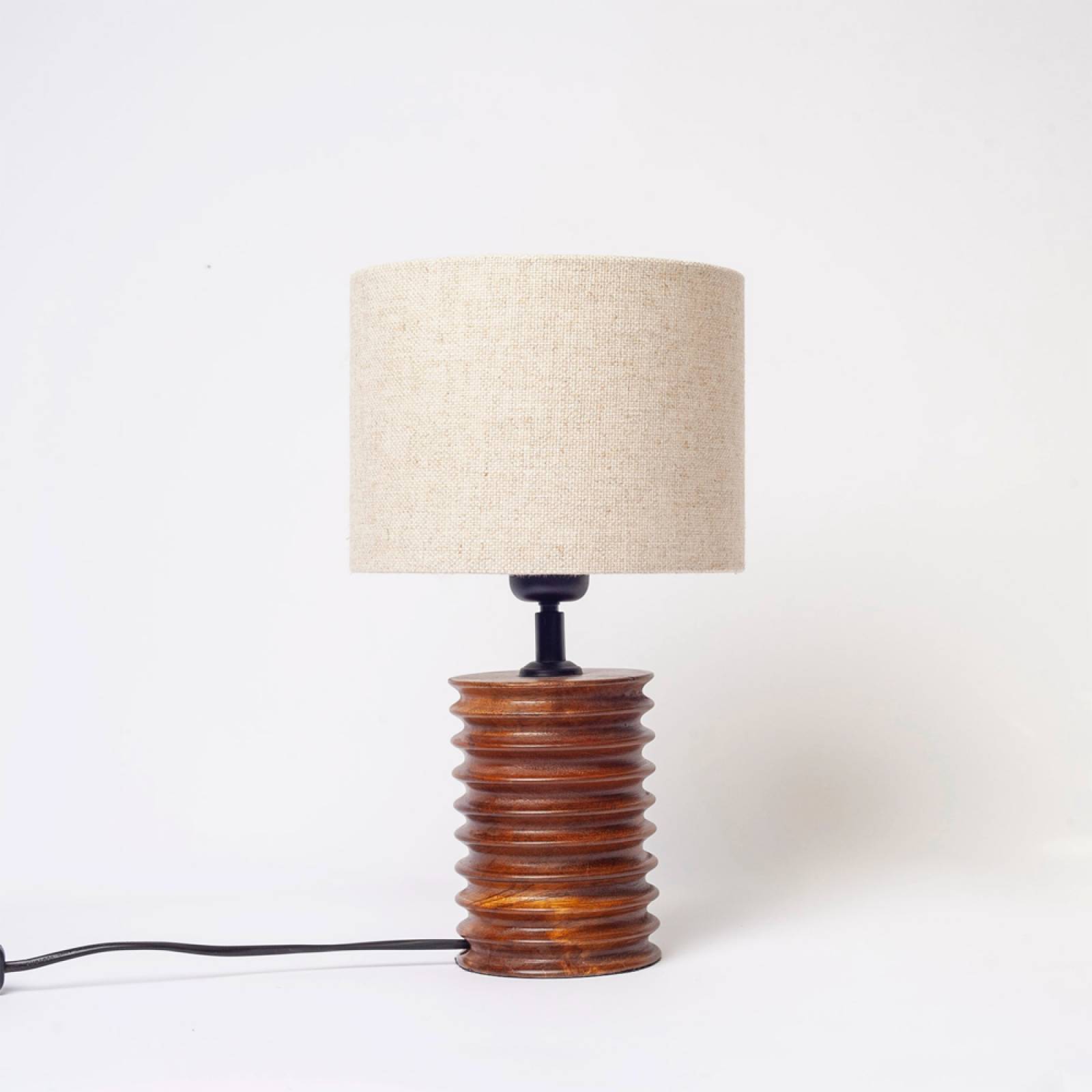 Wooden Ribbed Lamp With Light Cylindrical Shade