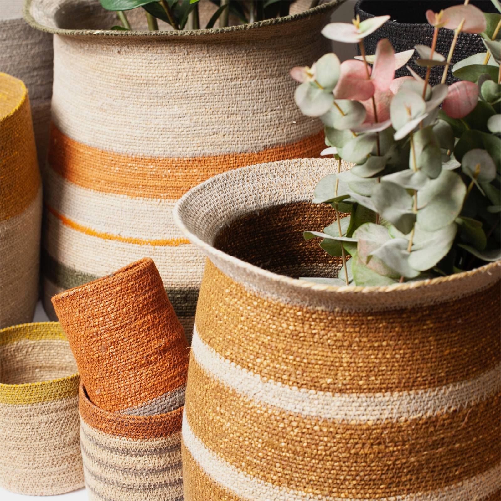 Small Seagrass Basket With Grey Stripes & Orange Trim thumbnails