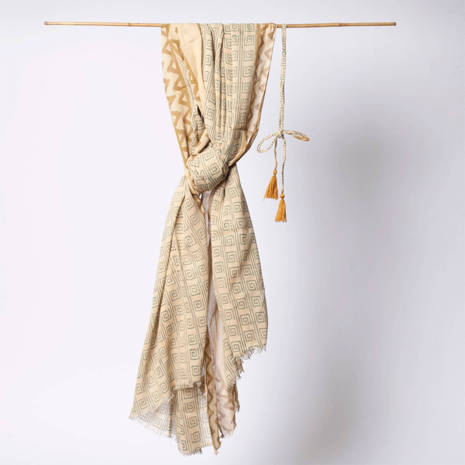 Cotton Scarf/ Sarong In Ochre Block Print