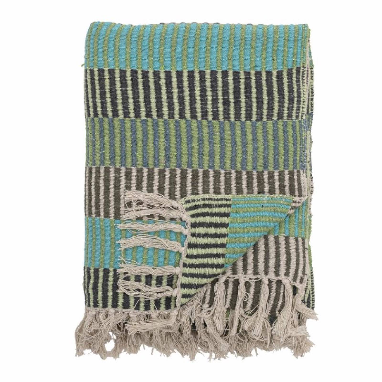 Blue, Green & Grey Striped Recycled Cotton Blanket Throw