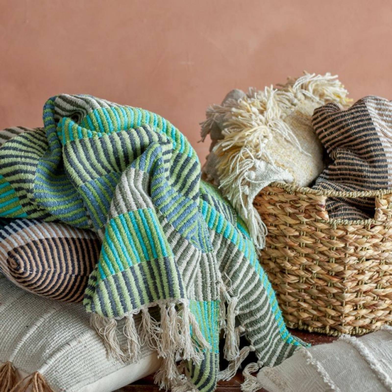 Blue, Green & Grey Striped Recycled Cotton Blanket Throw thumbnails