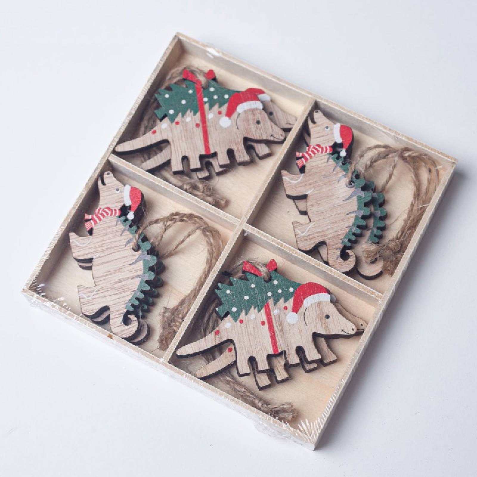 Box Of 8 Wooden Dinosaur Hanging Christmas Decorations