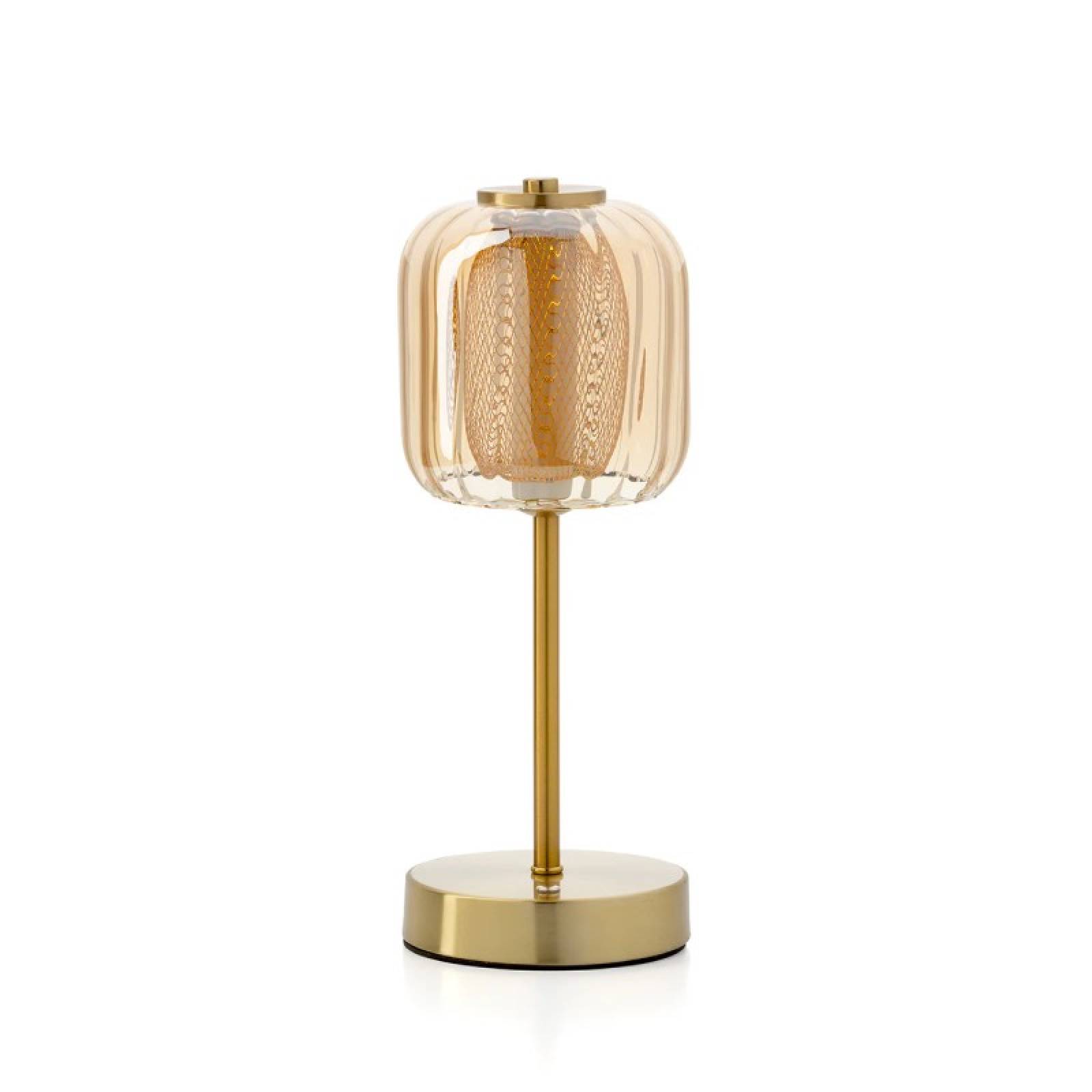 Brass Rechargeable Table Lamp with Ribbed Amber Glass Shade