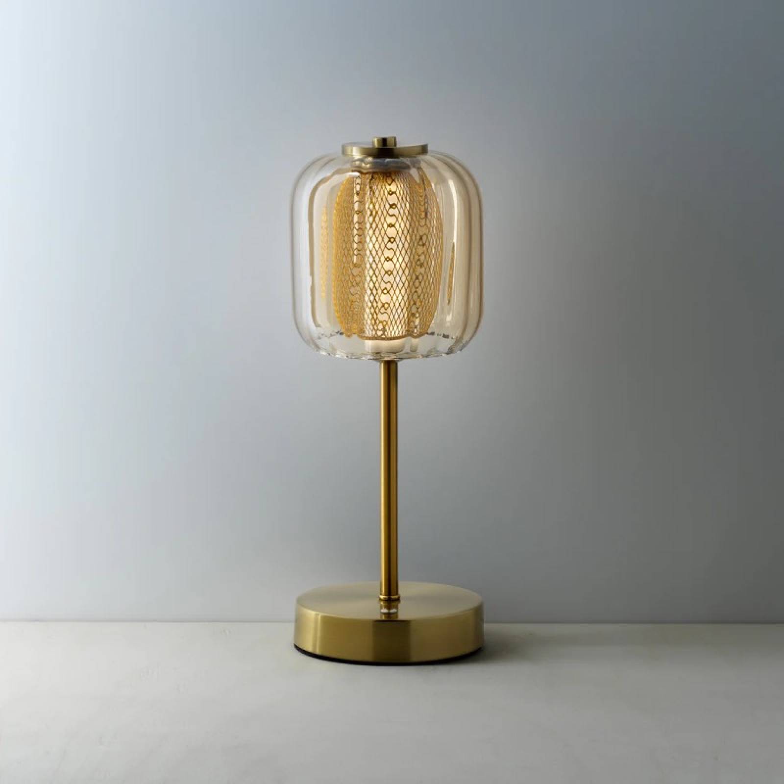Brass Rechargeable Table Lamp with Ribbed Amber Glass Shade thumbnails
