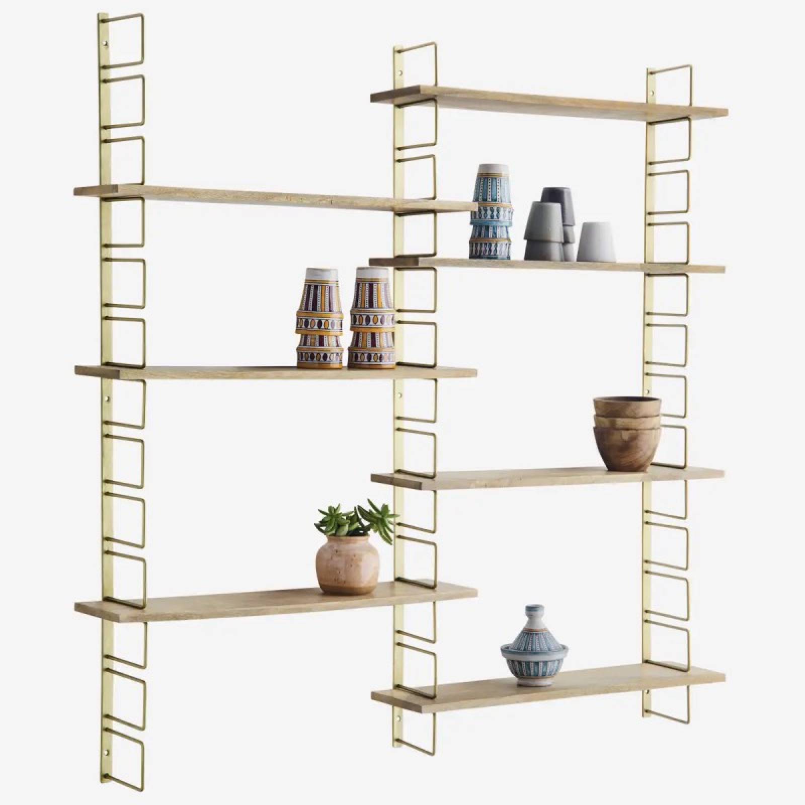 Brass Shelving Unit With 6 Adjustable Wooden Shelves
