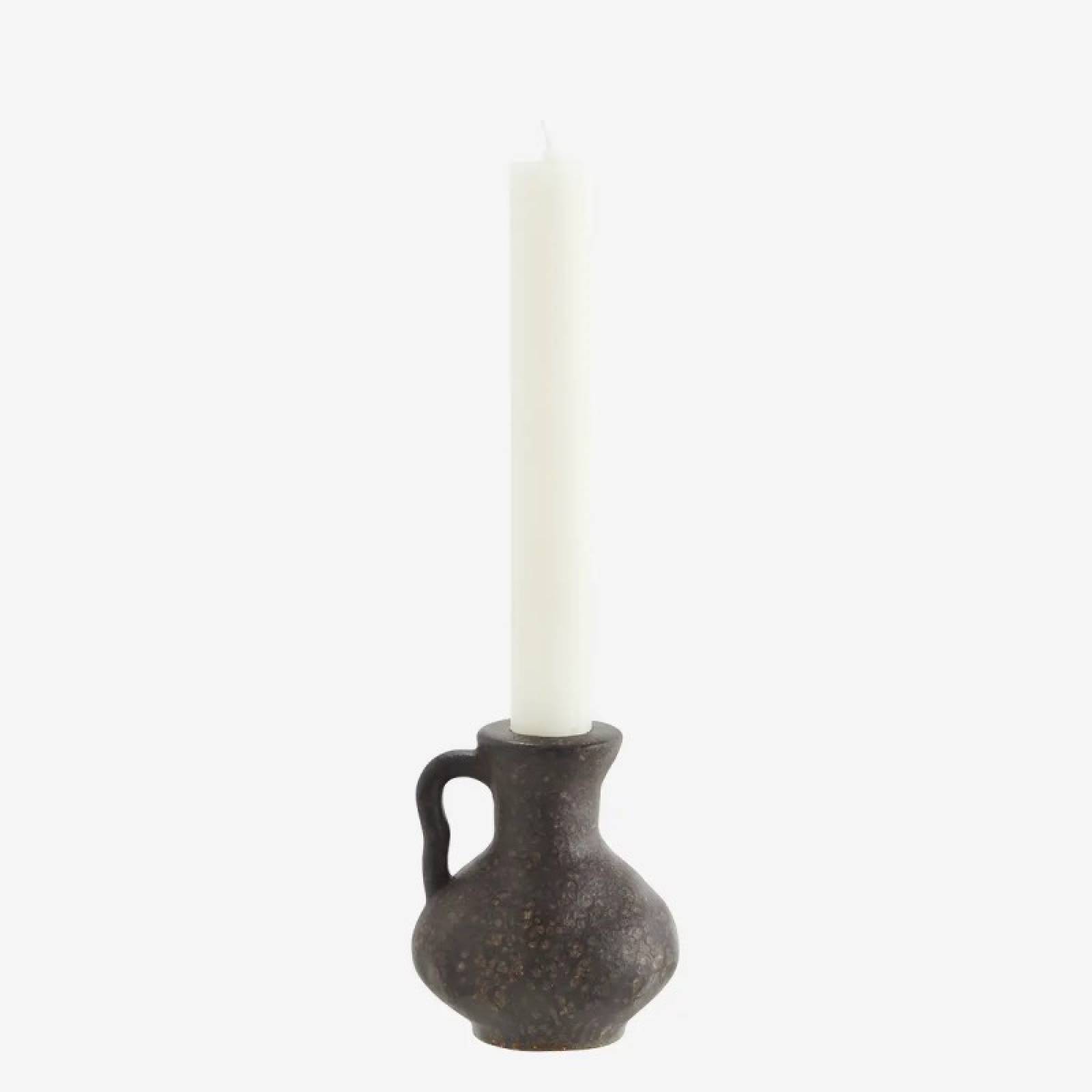 Brown Curved Stoneware Candle Holder With Handle H:9.5cm