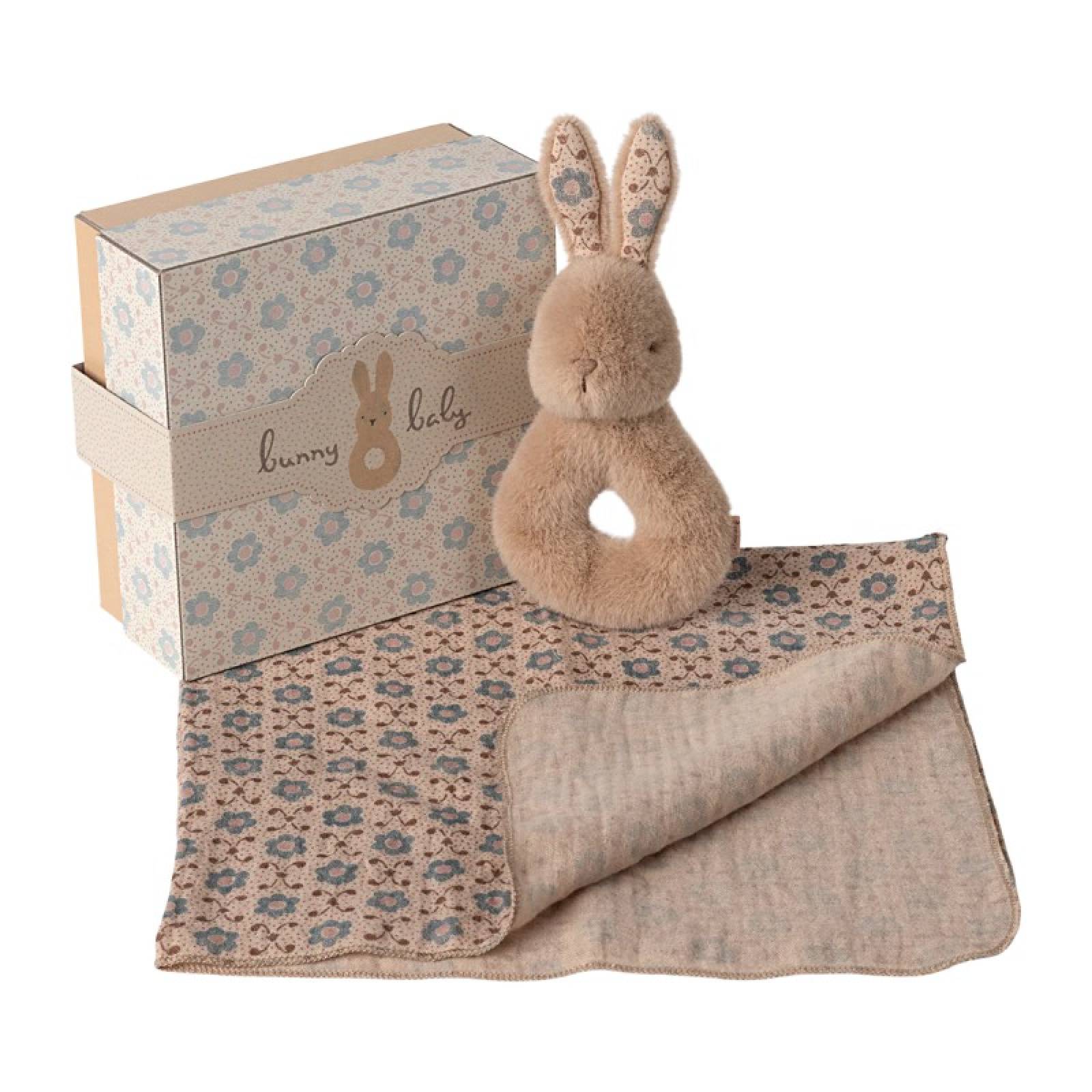 Bunny Rattle & Cloth Set In Cream Peach By Maileg