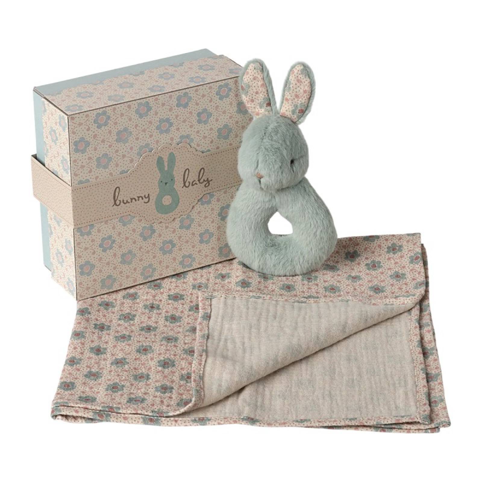Rabbit Rattle & Cloth Set In Mint By Maileg