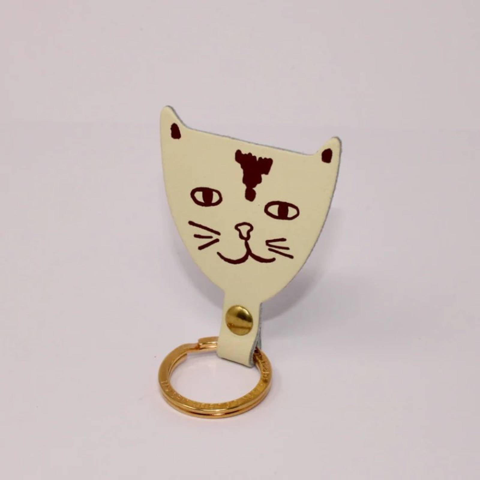 Cat Head Leather Keyring In Cream