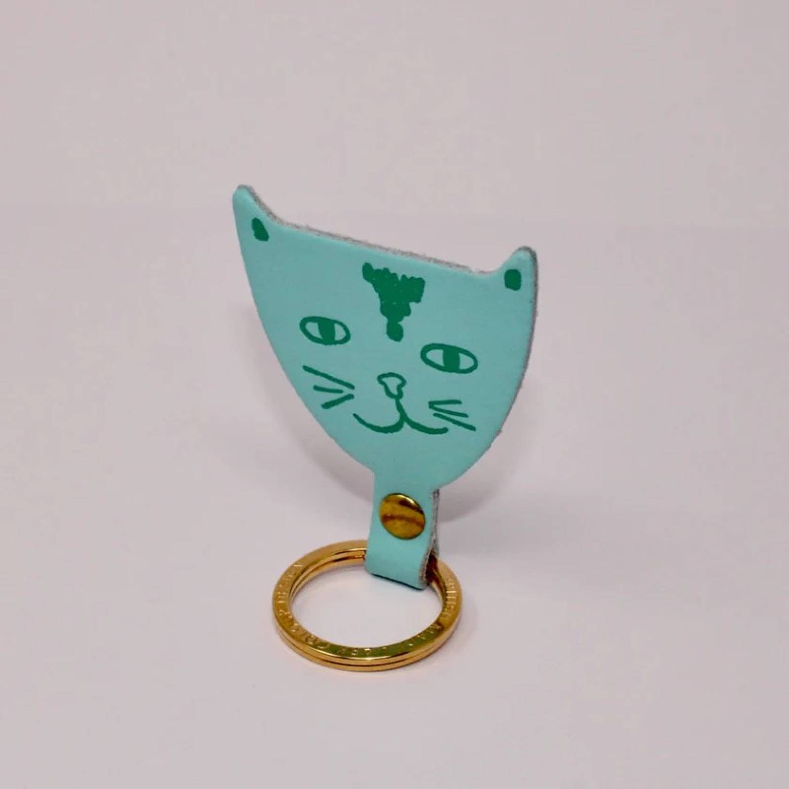 Cat Head Leather Keyring In Turquoise