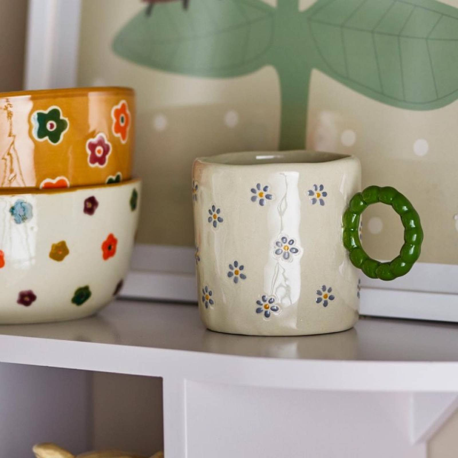 Children's Hand-painted Mug With Flower Print & Green Handle thumbnails