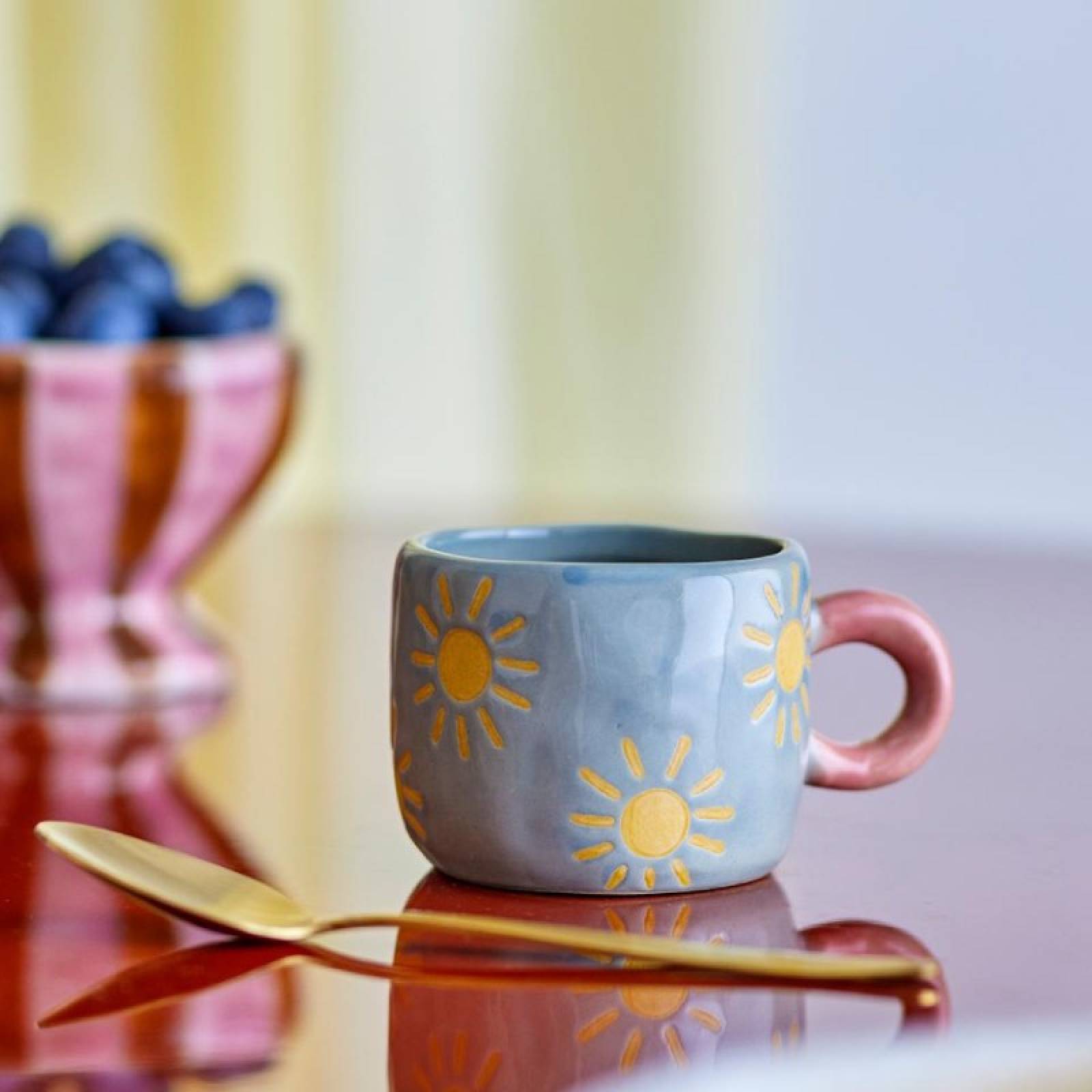 Children's Hand-painted Stoneware Mug In Blue With Suns Print thumbnails