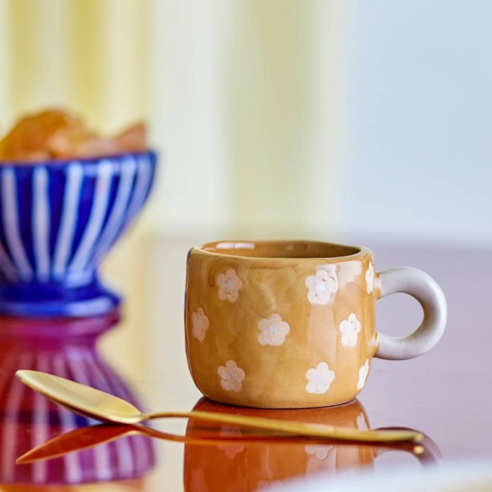 Children's Handpainted Stoneware Mug In Brown With White Flowers thumbnails
