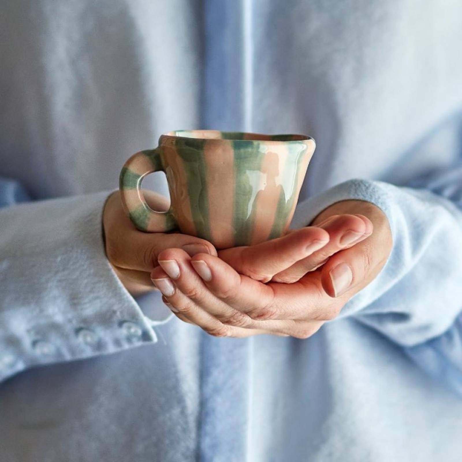 Children's Hand-painted Stoneware Mug In Pink & Blue Stripes thumbnails