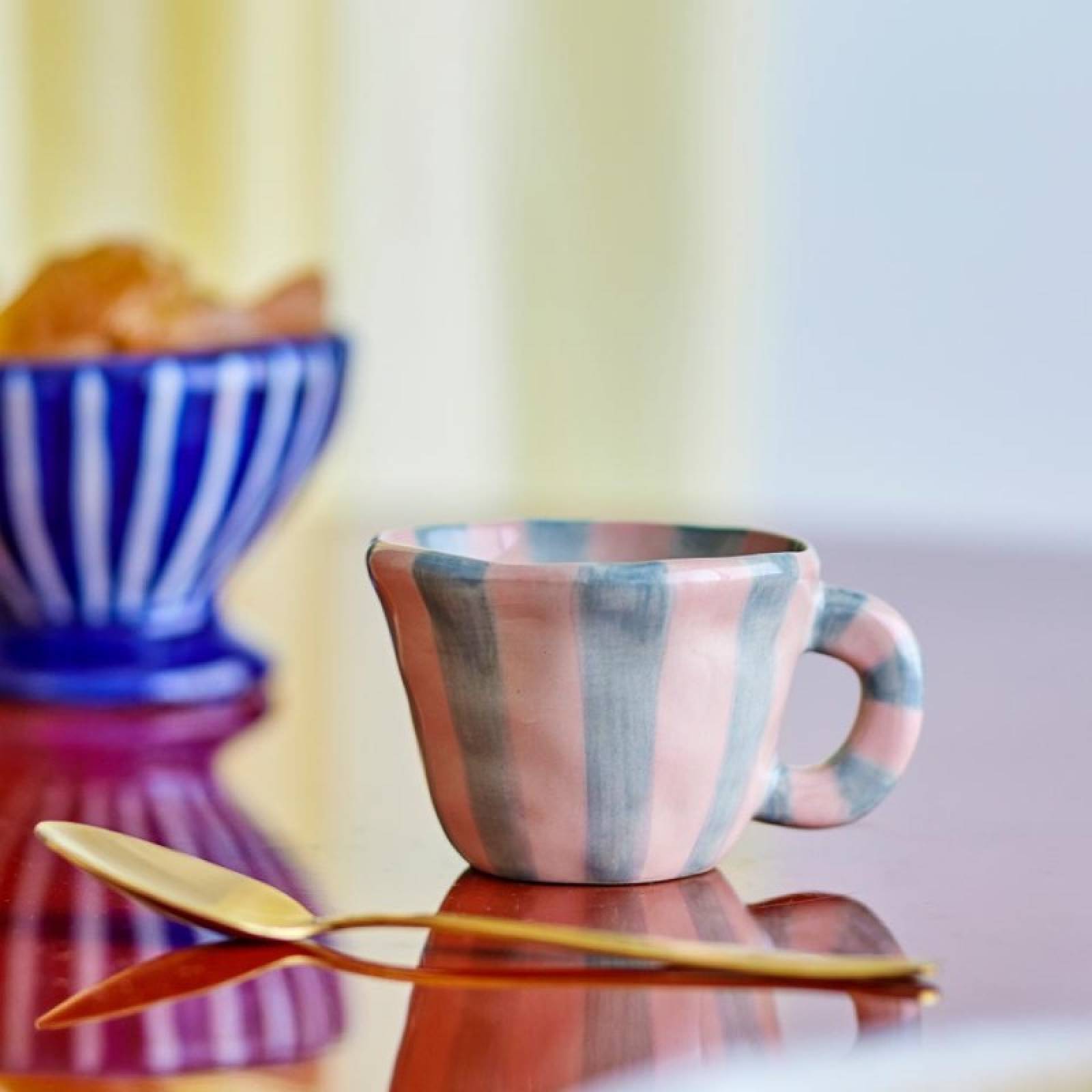 Children's Hand-painted Stoneware Mug In Pink & Blue Stripes thumbnails