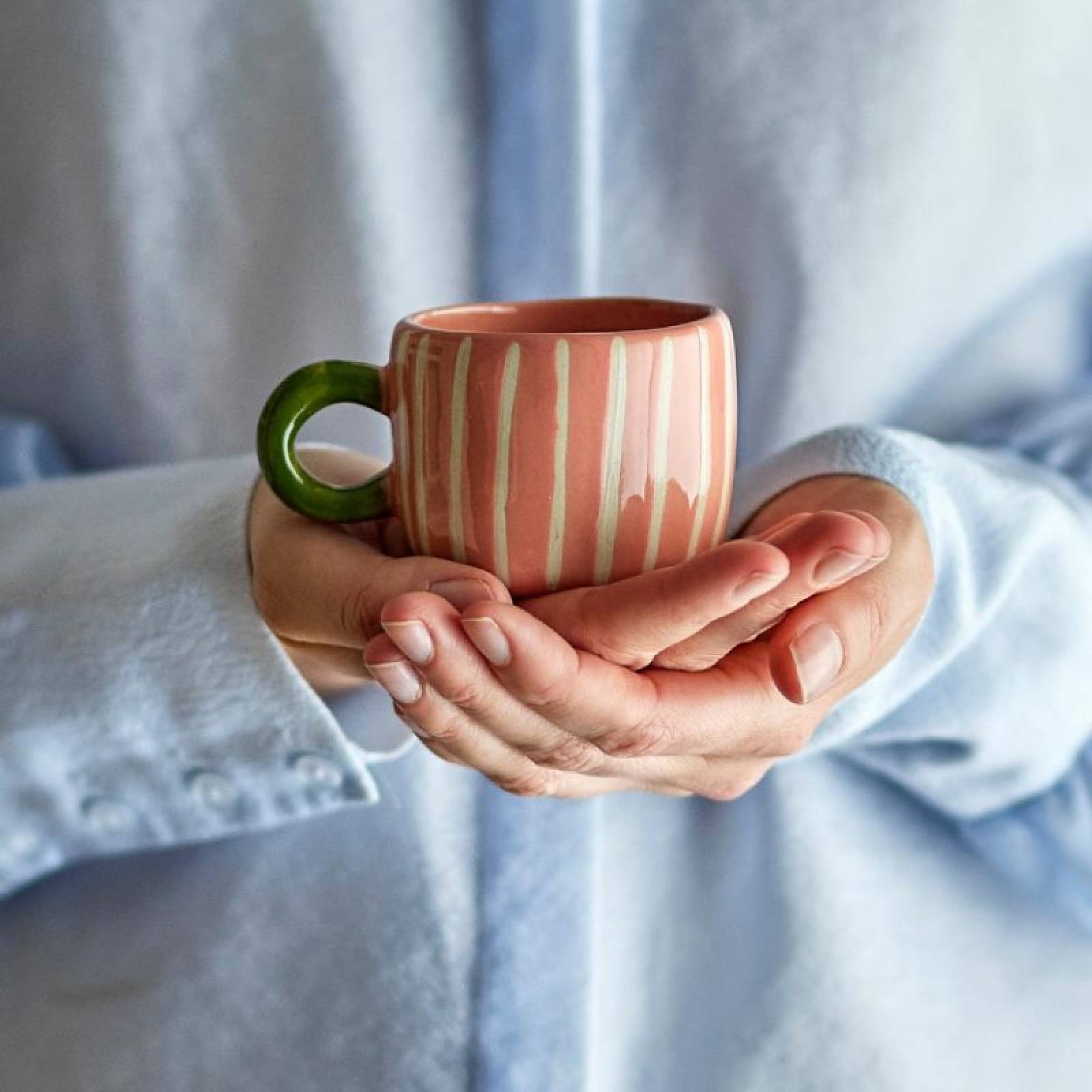 Children's Hand-painted Stoneware Mug In Pink With White Stripes thumbnails