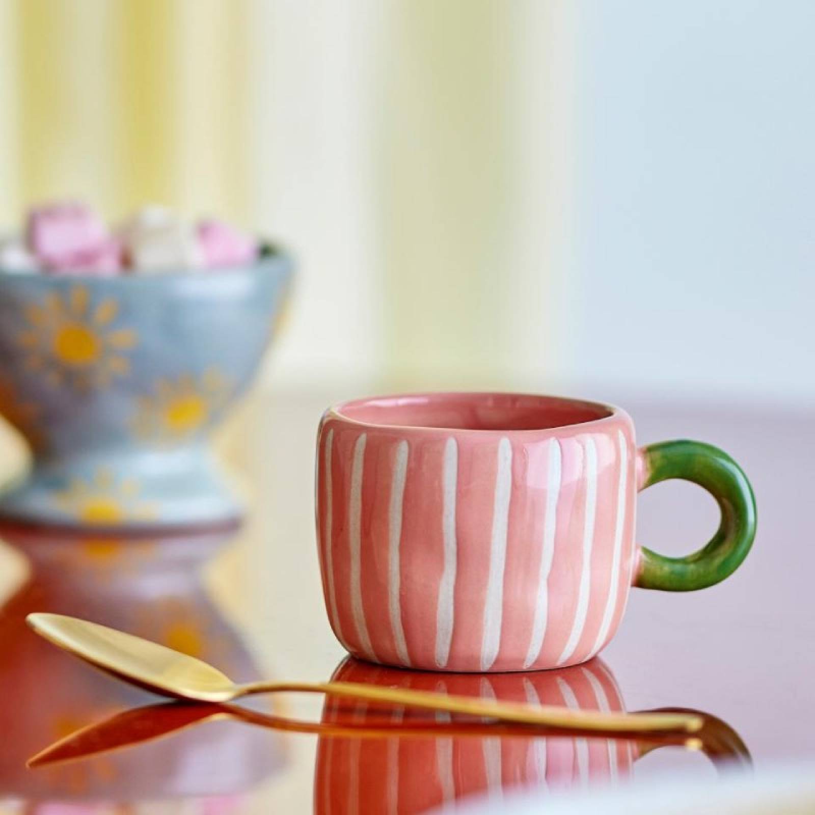 Children's Hand-painted Stoneware Mug In Pink With White Stripes thumbnails