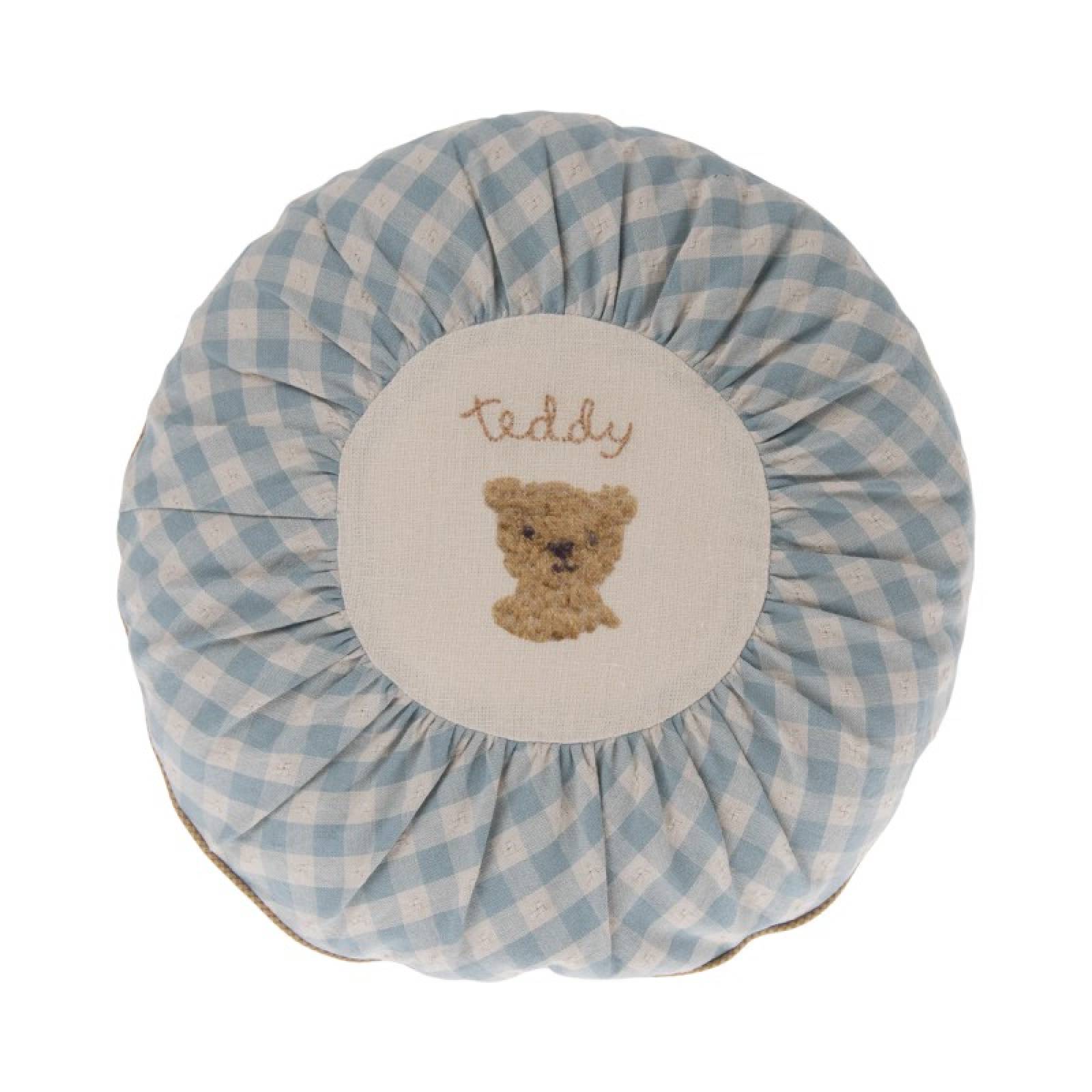 Children's Round Checked Teddy Cushion In Blue By Maileg