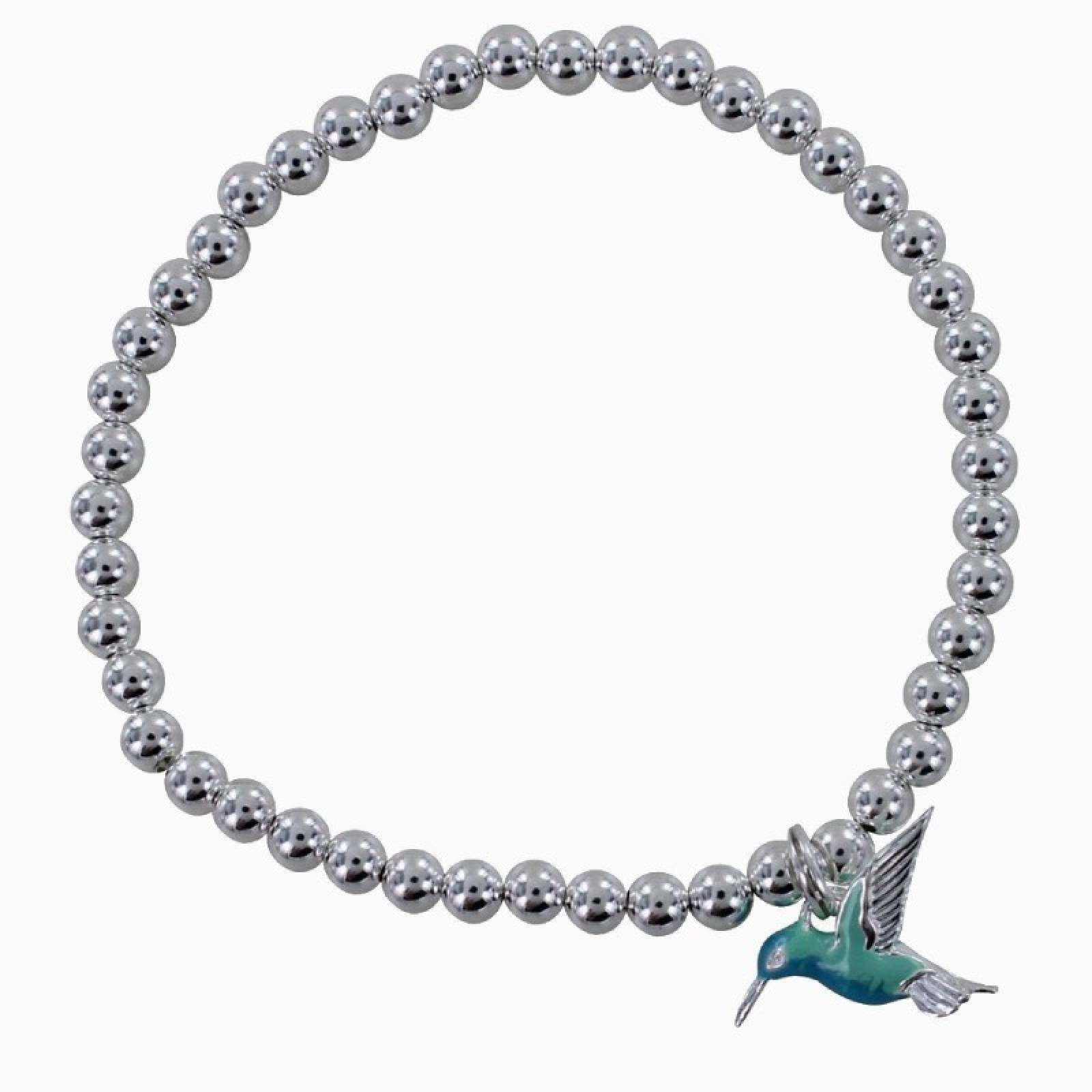 Children's Silver Beaded Bracelet With Hummingbird Charm