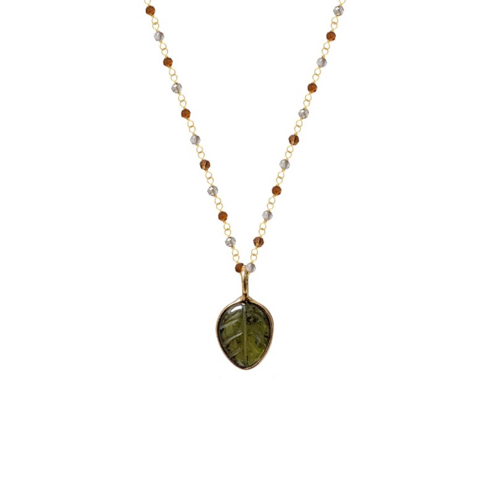 Citrine & Smokey Quartz Rosary With Carved Peridot Leaf Pendant