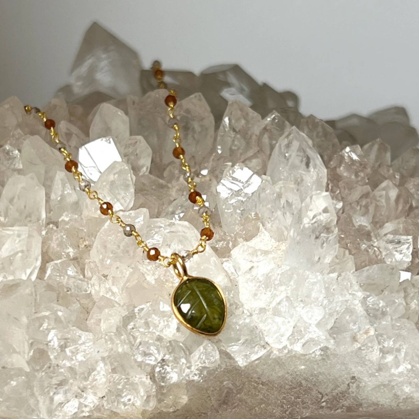 Citrine & Smokey Quartz Rosary With Carved Peridot Leaf Pendant thumbnails