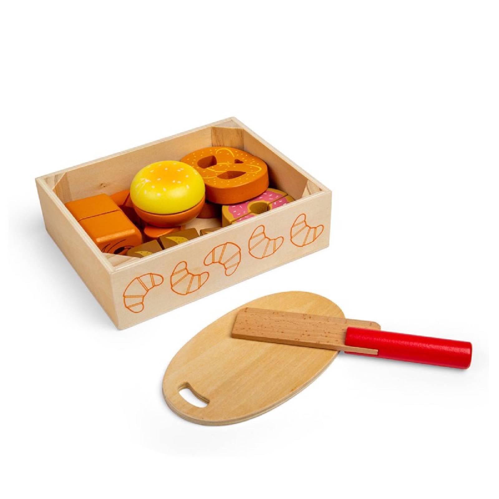 Cutting Bread & Pastries In Wooden Crate Toy Food 18m+