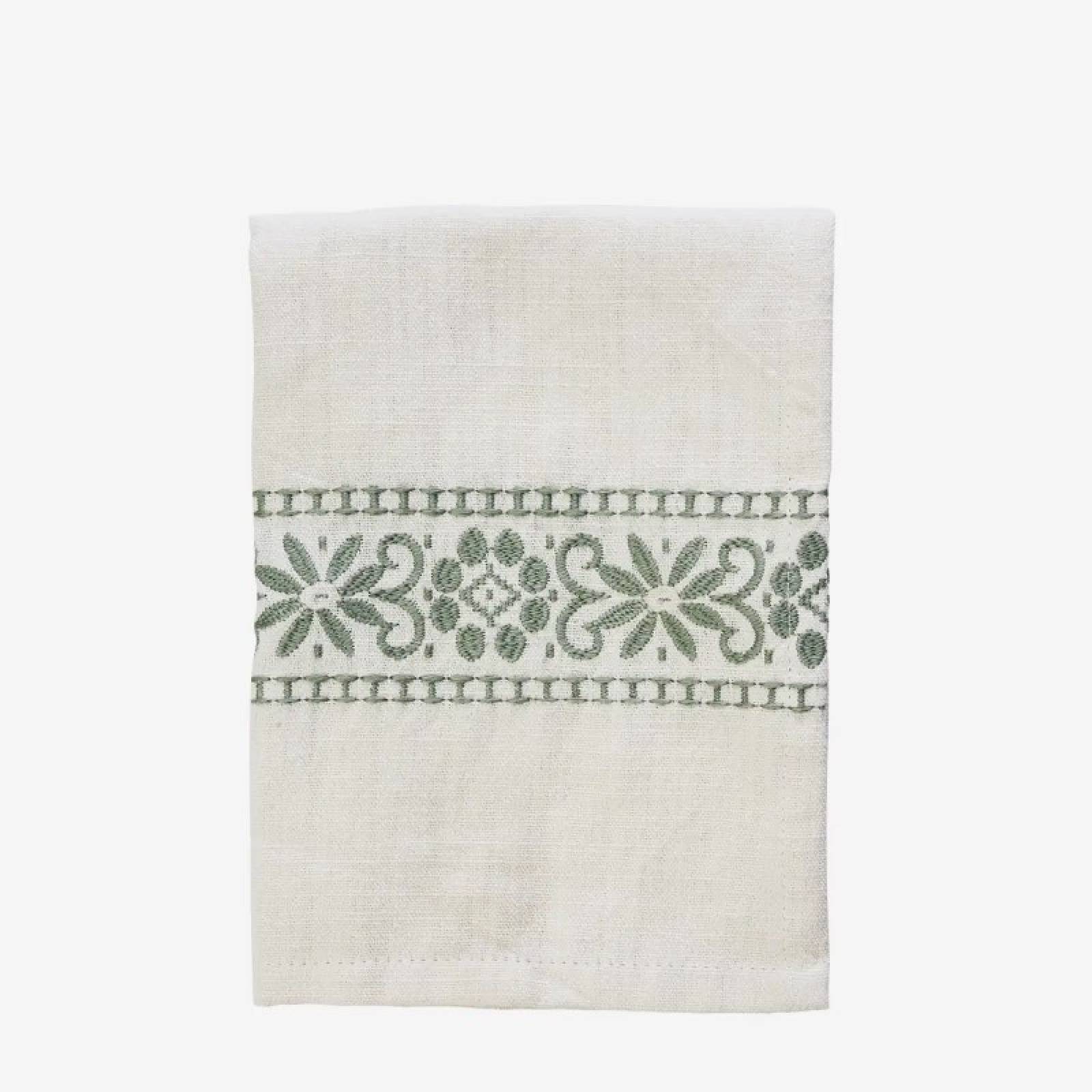 Embroidered Tea Towel With Sage Detail