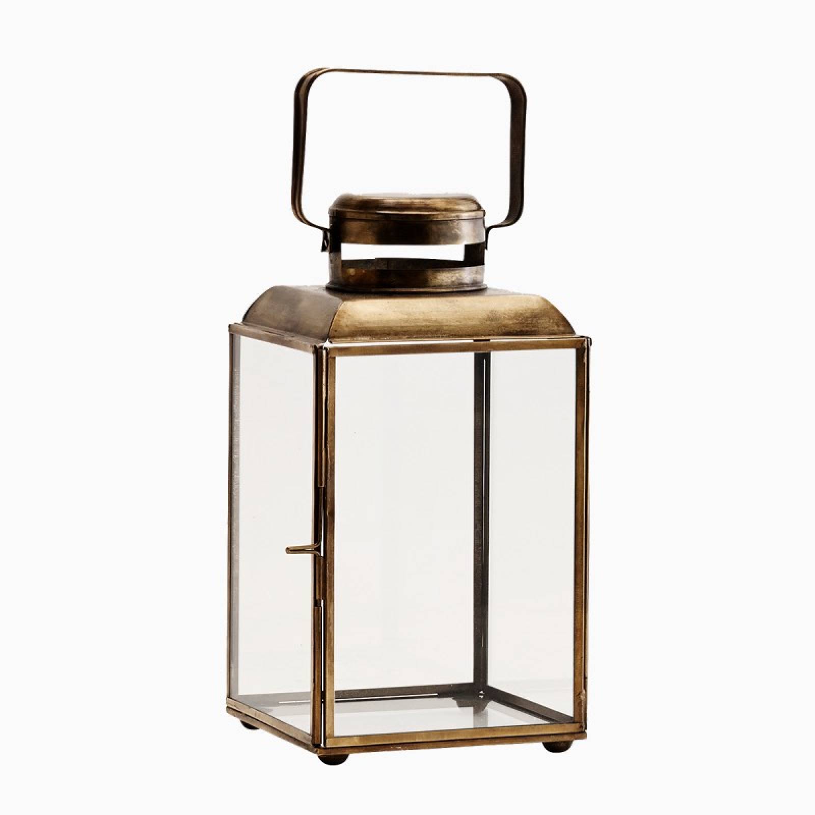 Glass Lantern In Antique Brass With Rectangular Handle H26cm