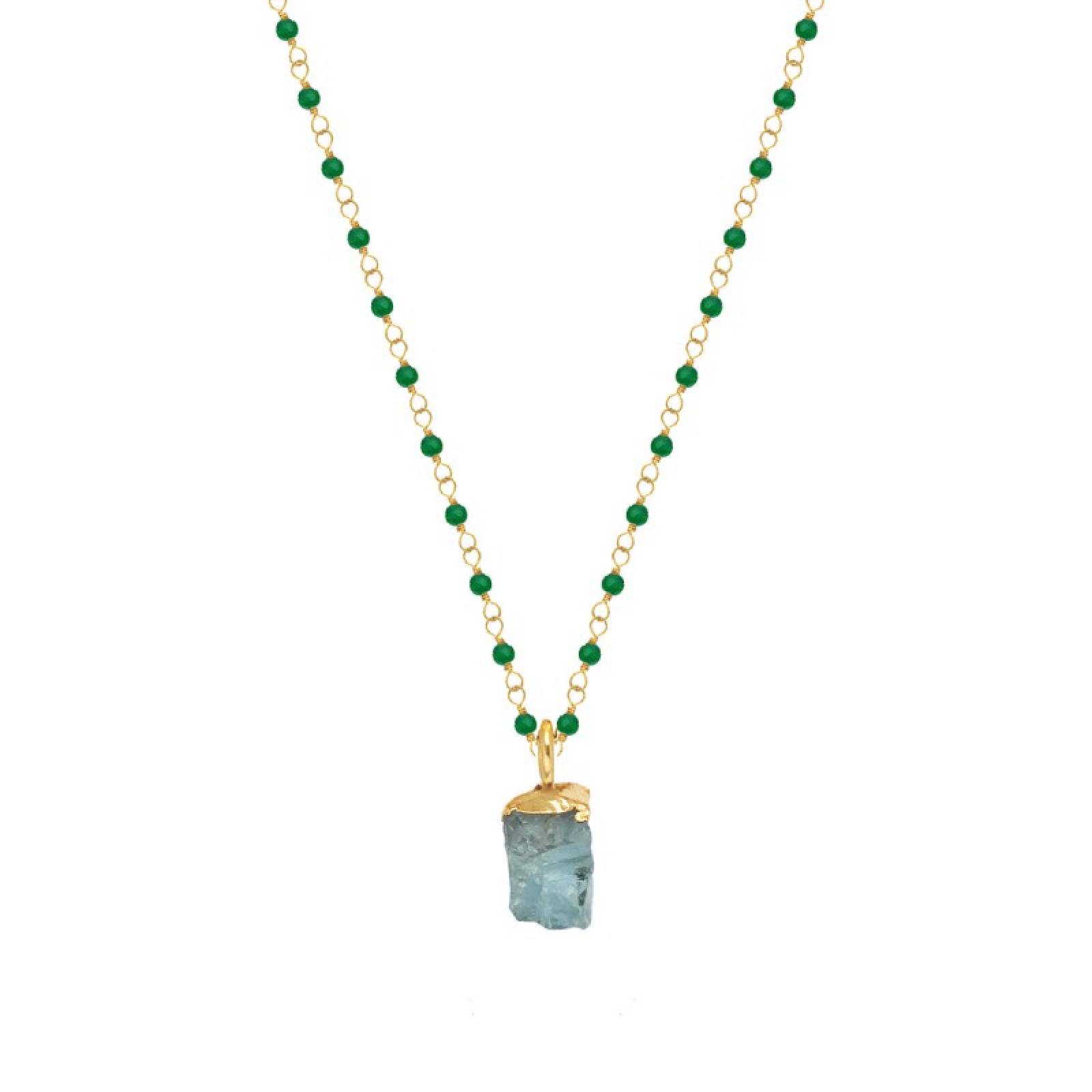 Green Onyx Rosary Necklace With Raw Aquamarine Pendant