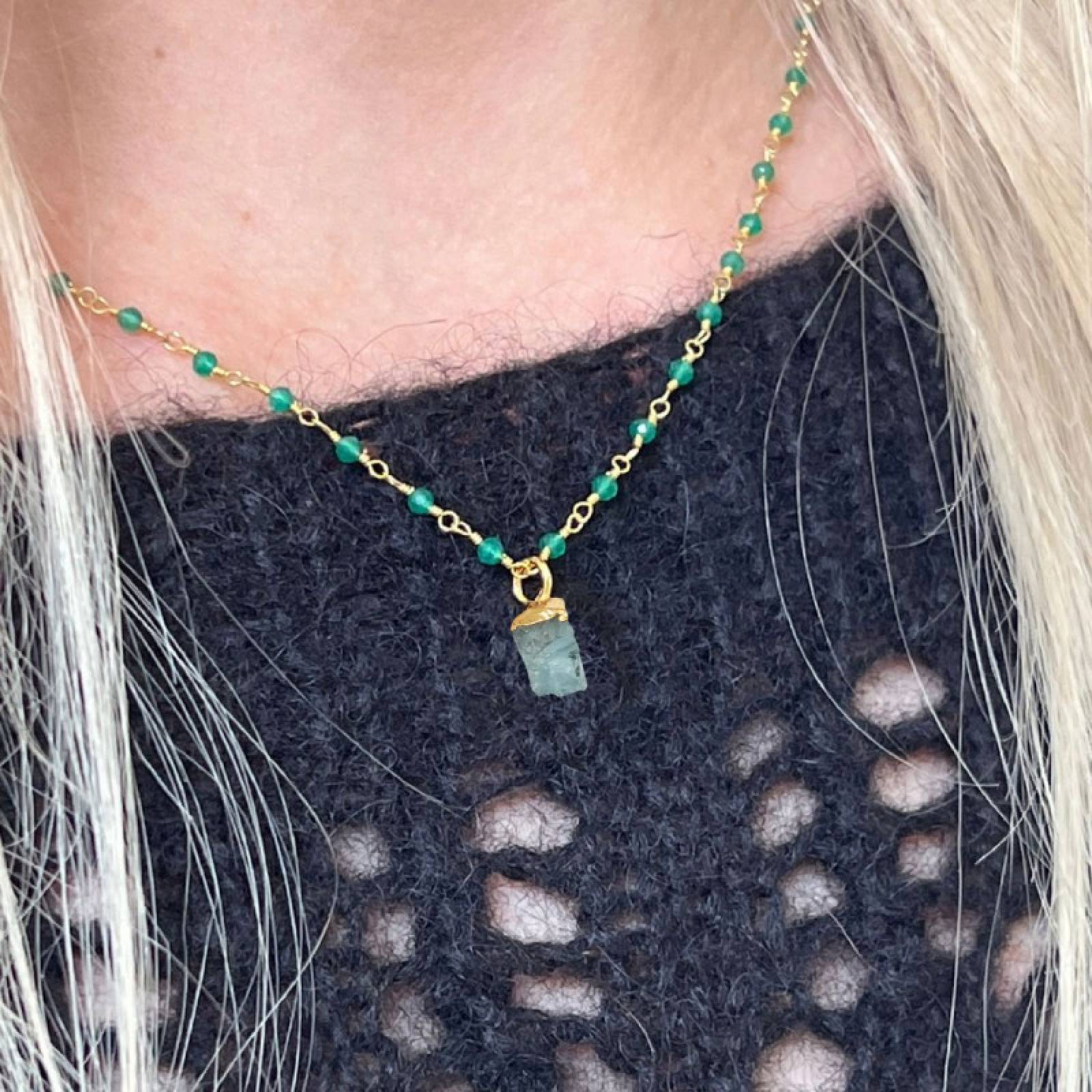 Green Onyx Rosary Necklace With Raw Aquamarine Pendant thumbnails