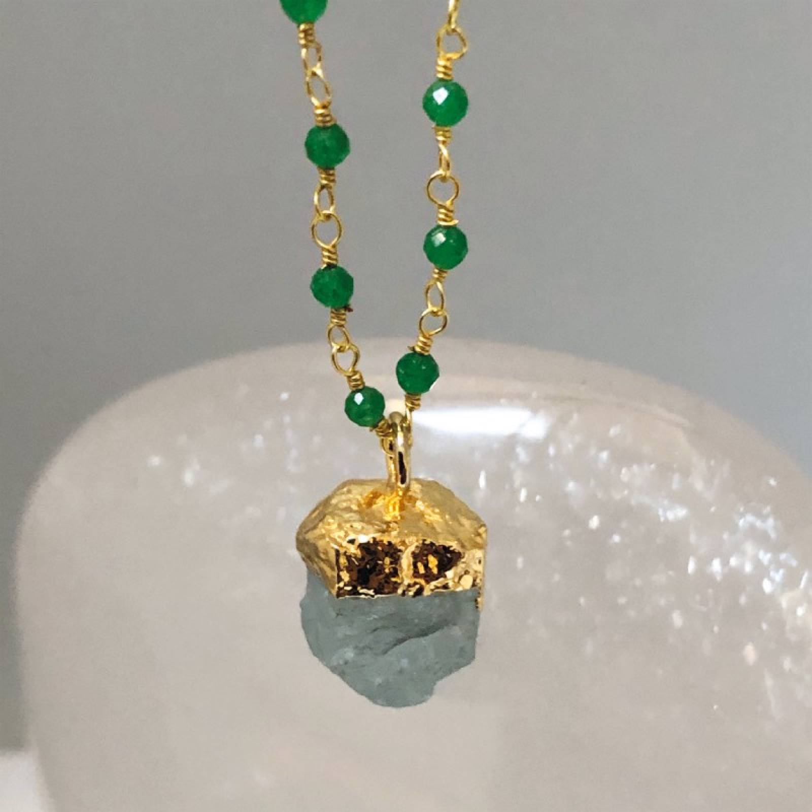 Green Onyx Rosary Necklace With Raw Aquamarine Pendant thumbnails