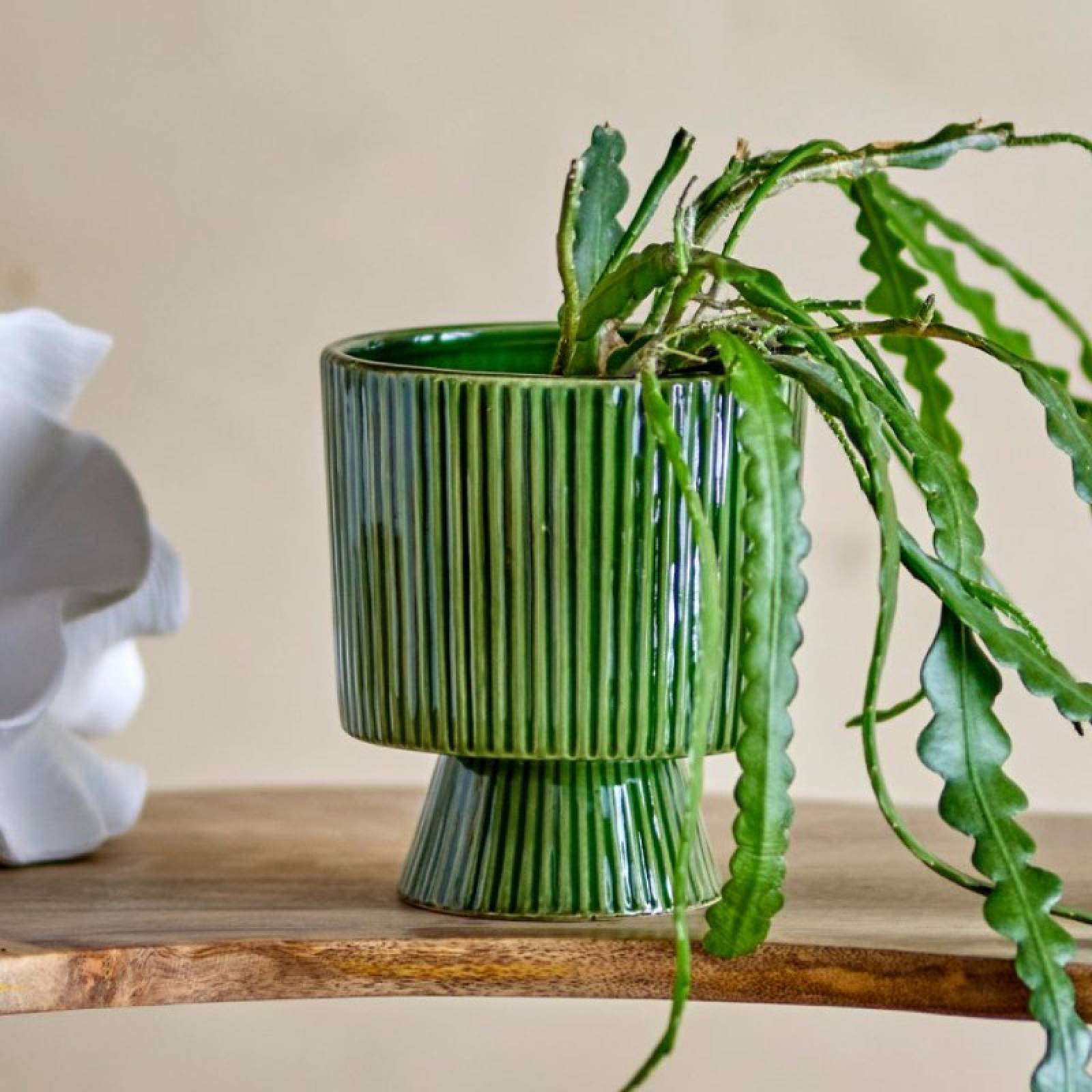 Green Striped Flower Pot On Plinth H:12.5cm thumbnails