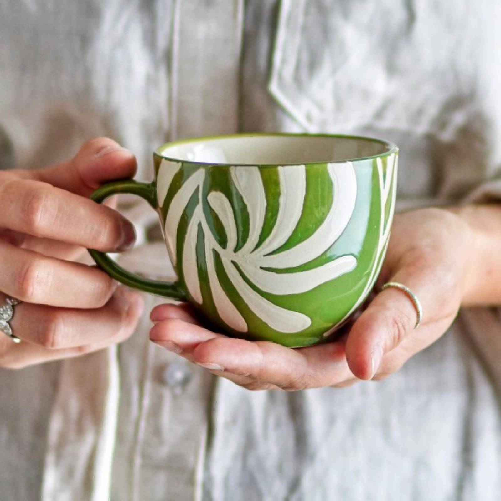 Green & White Leaf Print Cup H:7.5cm thumbnails