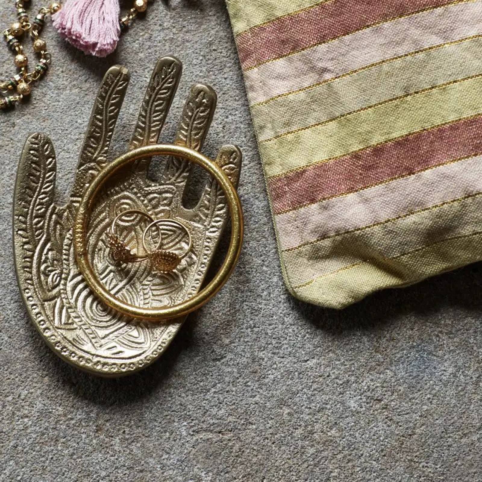 Hand Hammered Hamsa Hand Tray In Antiqued Brass thumbnails