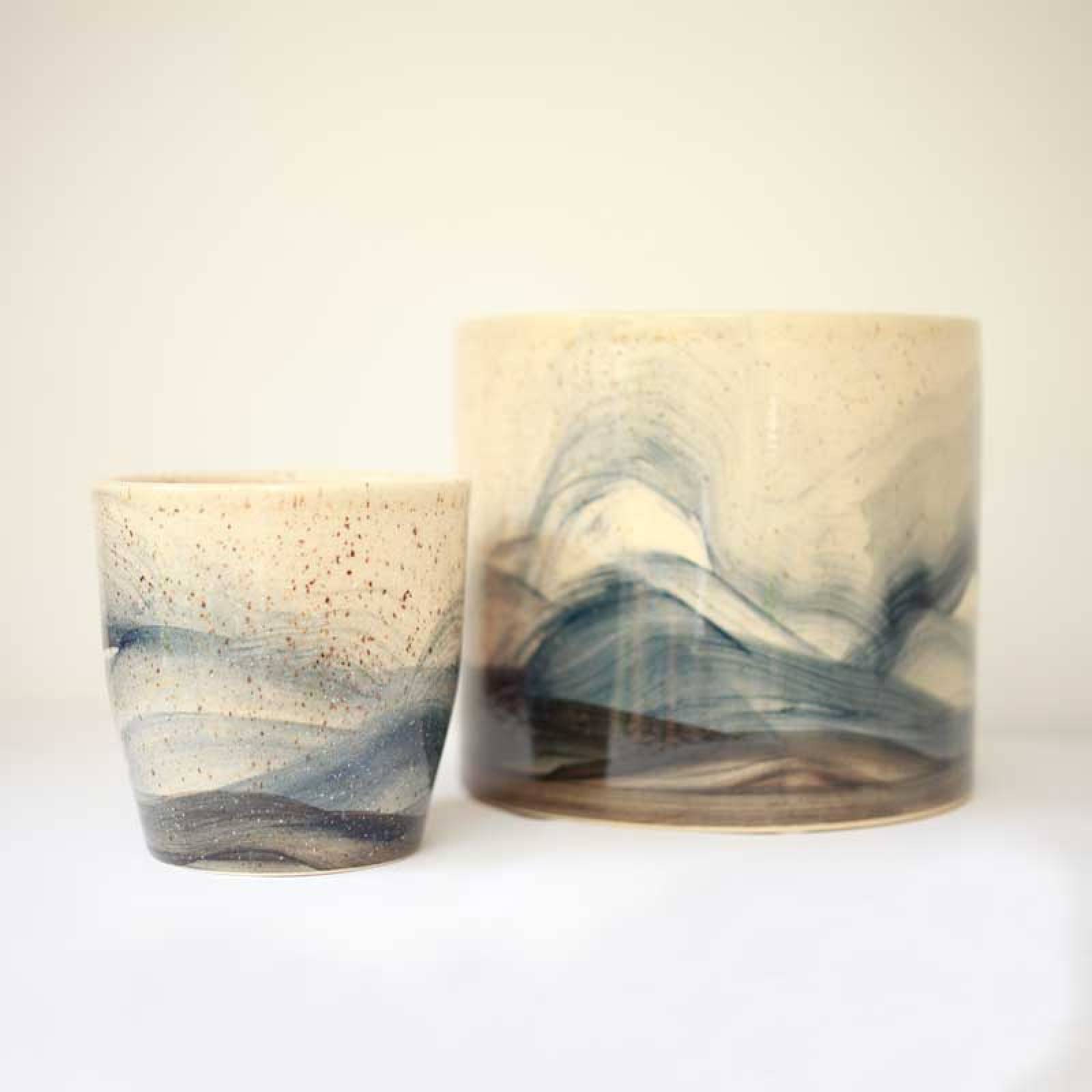 Tapered Hand Painted Blue & Beige Speckled Wave Plant Pot thumbnails