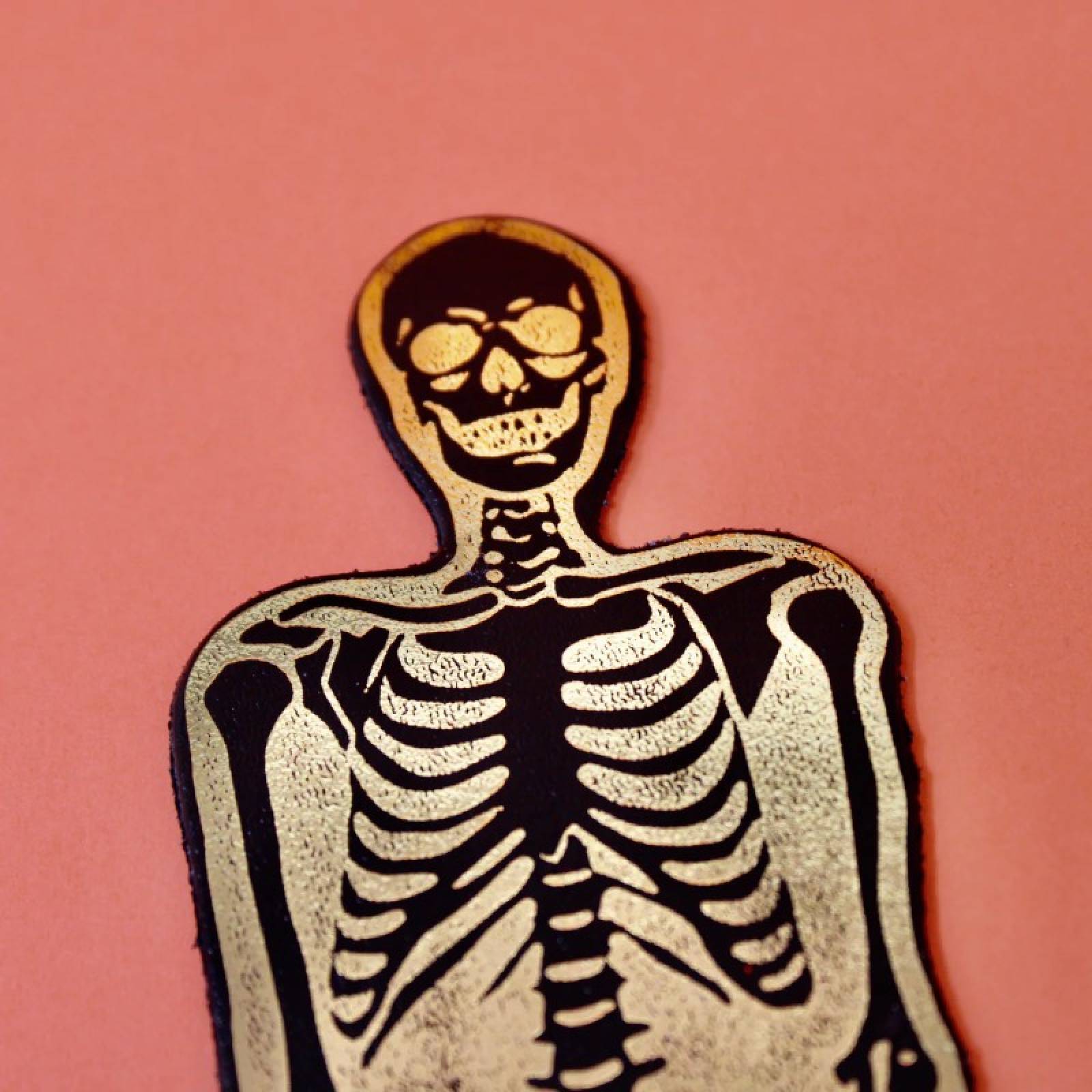 Hand Painted Leather Skeleton Bookmark In Black