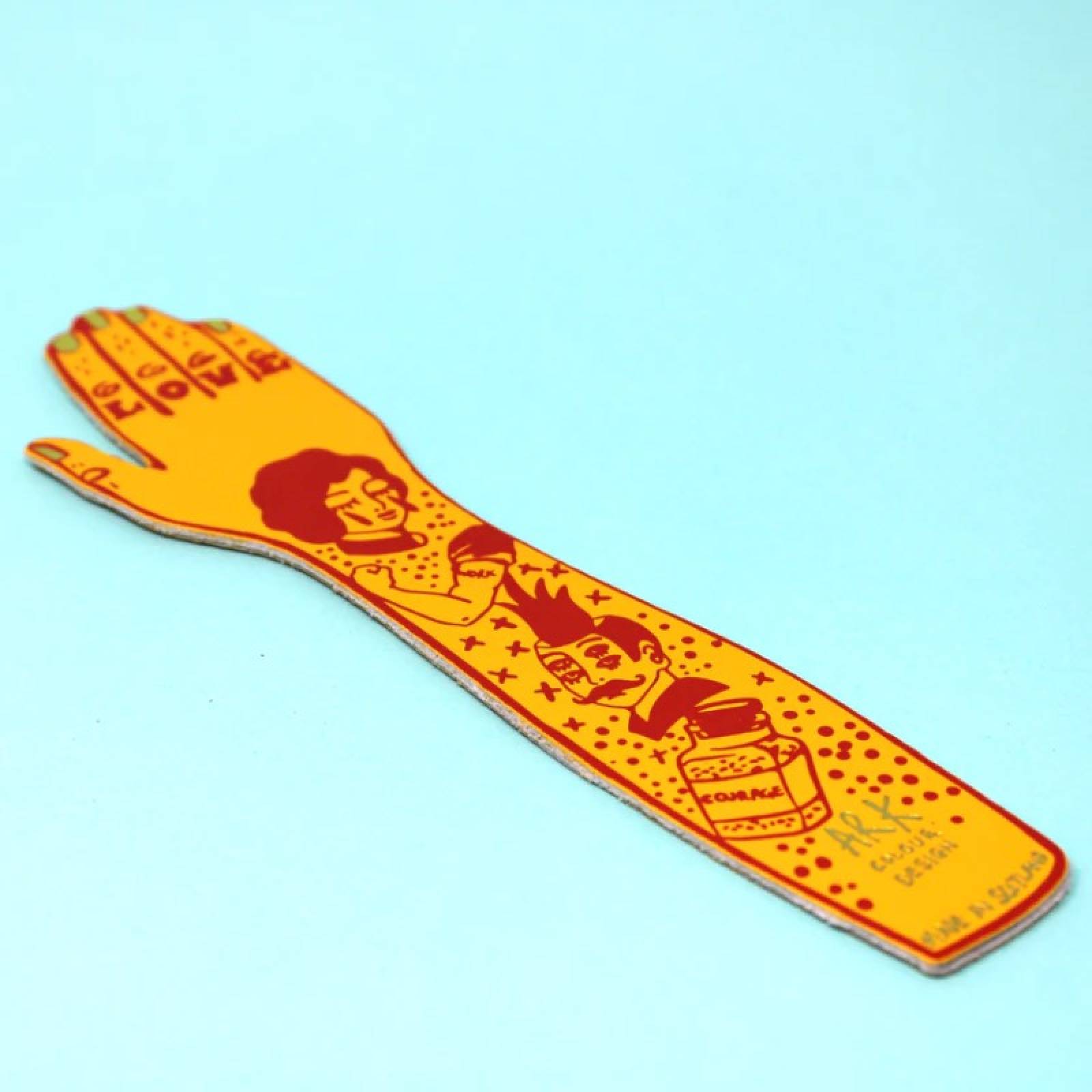 Hand Painted Leather Tatooed Arm Bookmark In Yellow