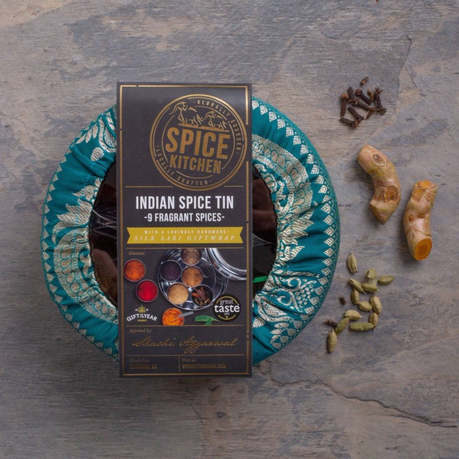 Indian Spice Tin With 9 Spices & Silk Sari Wrap