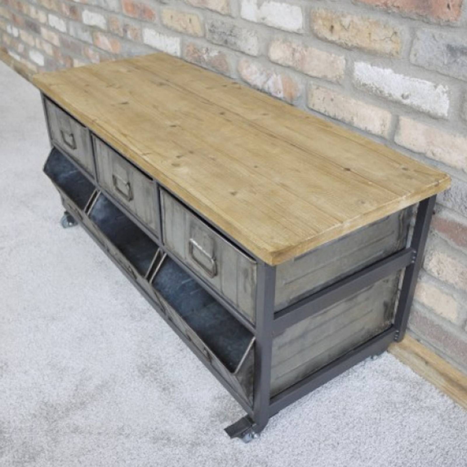 Industrial Metal & Wood Cabinet On Wheels With 6 Drawers thumbnails