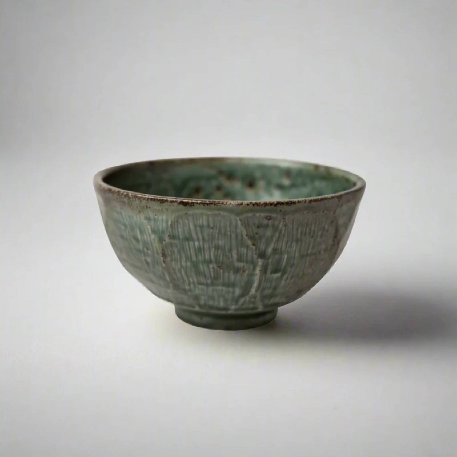 Japanese Etched Angled Ceramic Bowl In Jade Green