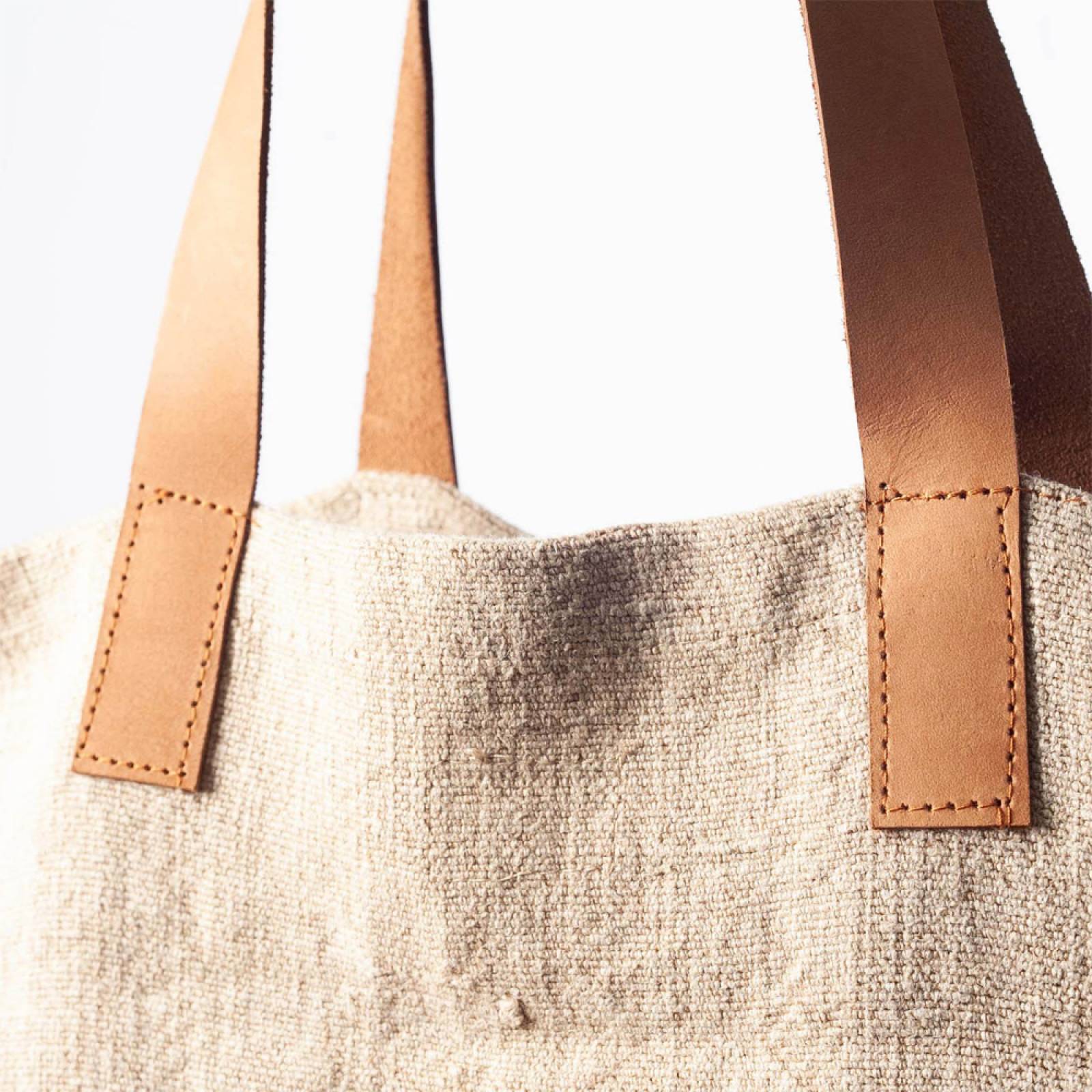 Jute Tote Bag With Leather Handle In Natural Stone thumbnails