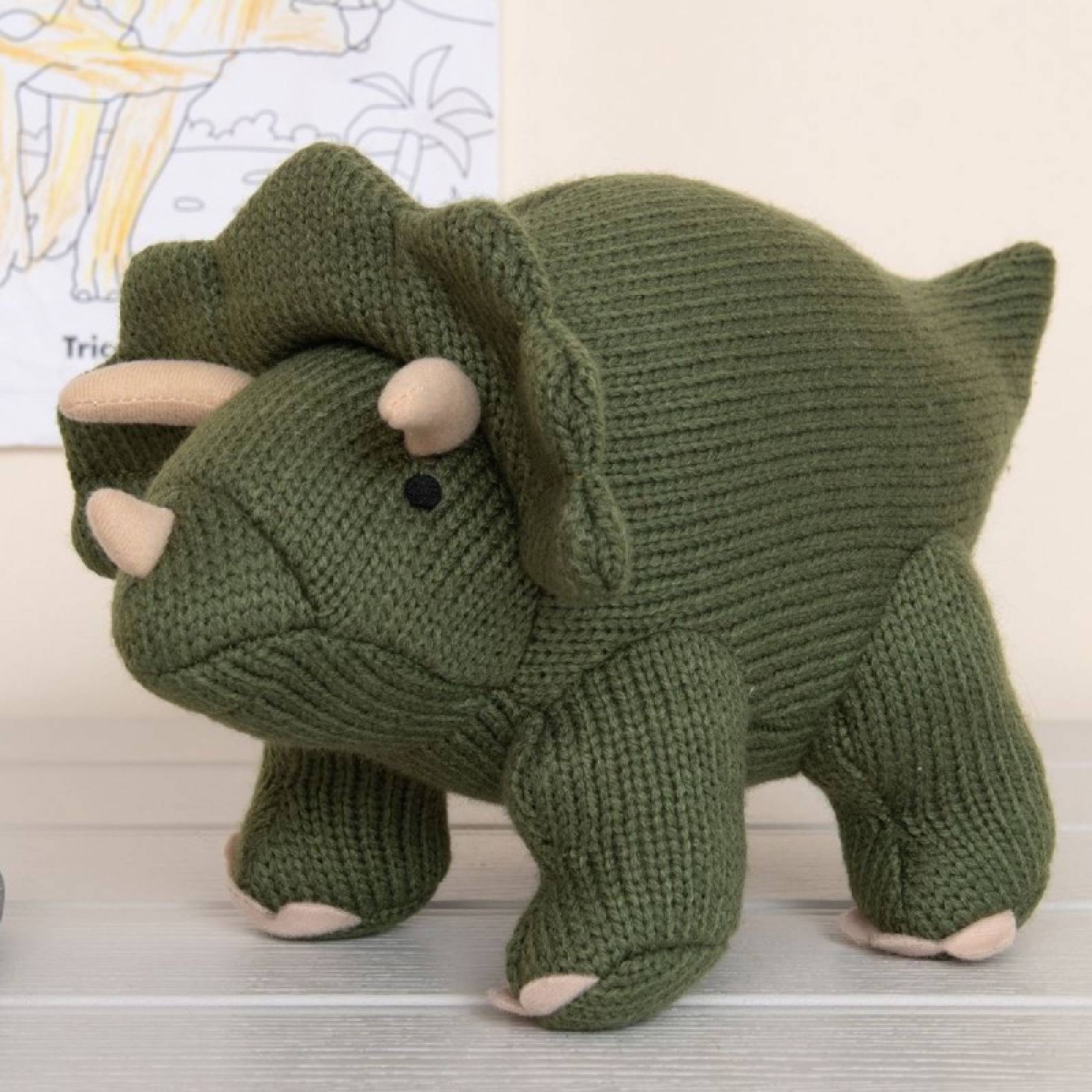 Knitted Triceratops Dinosaur Soft Toy In Moss Green 0+