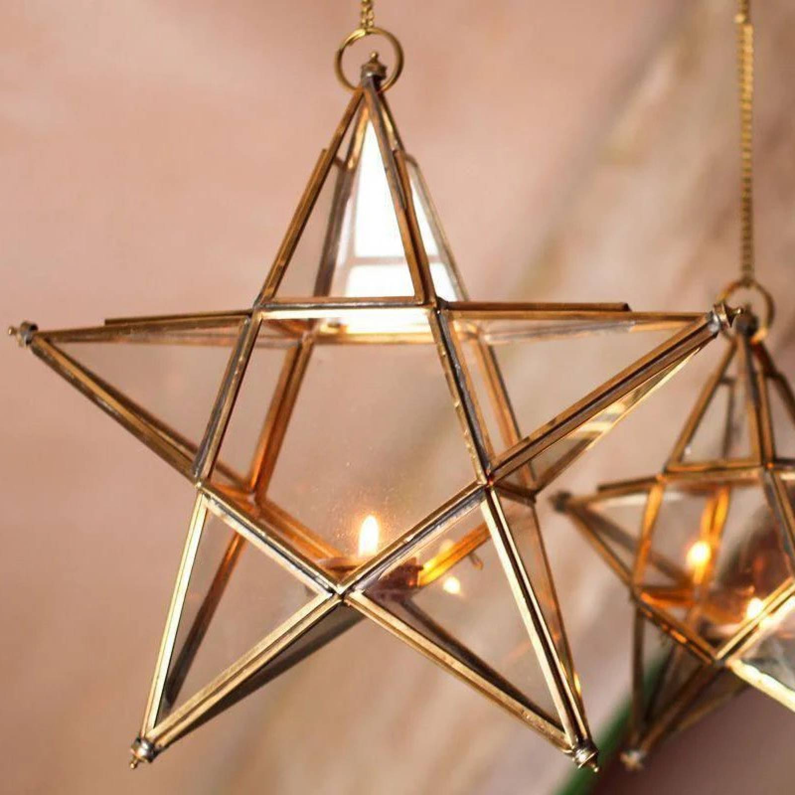 Large Glass Star Hanging Decoration In Antique Brass thumbnails