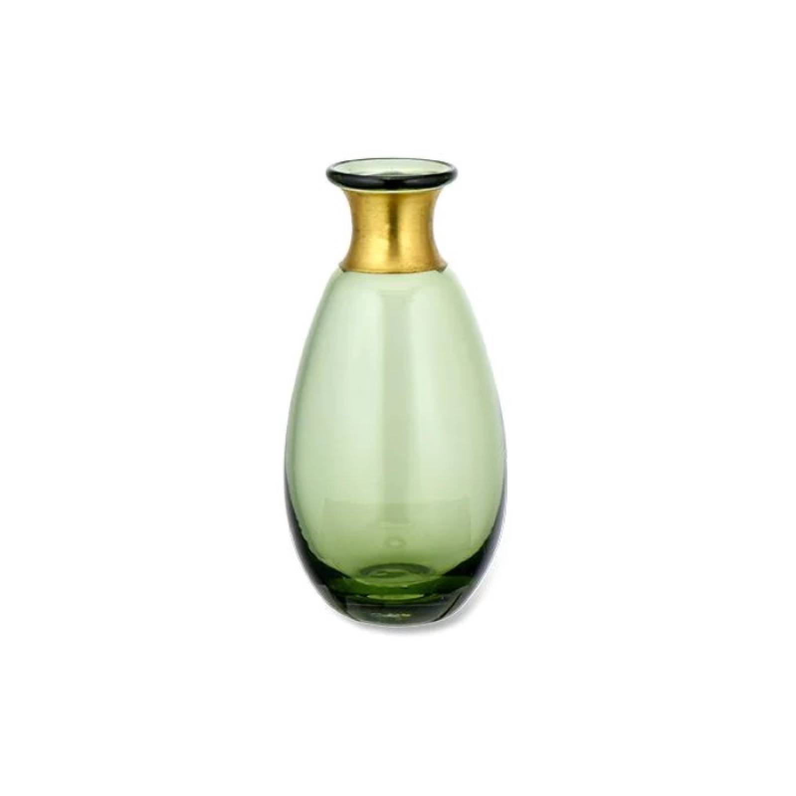 Large Green Glass Vase With Brass Band 16.5x8cm