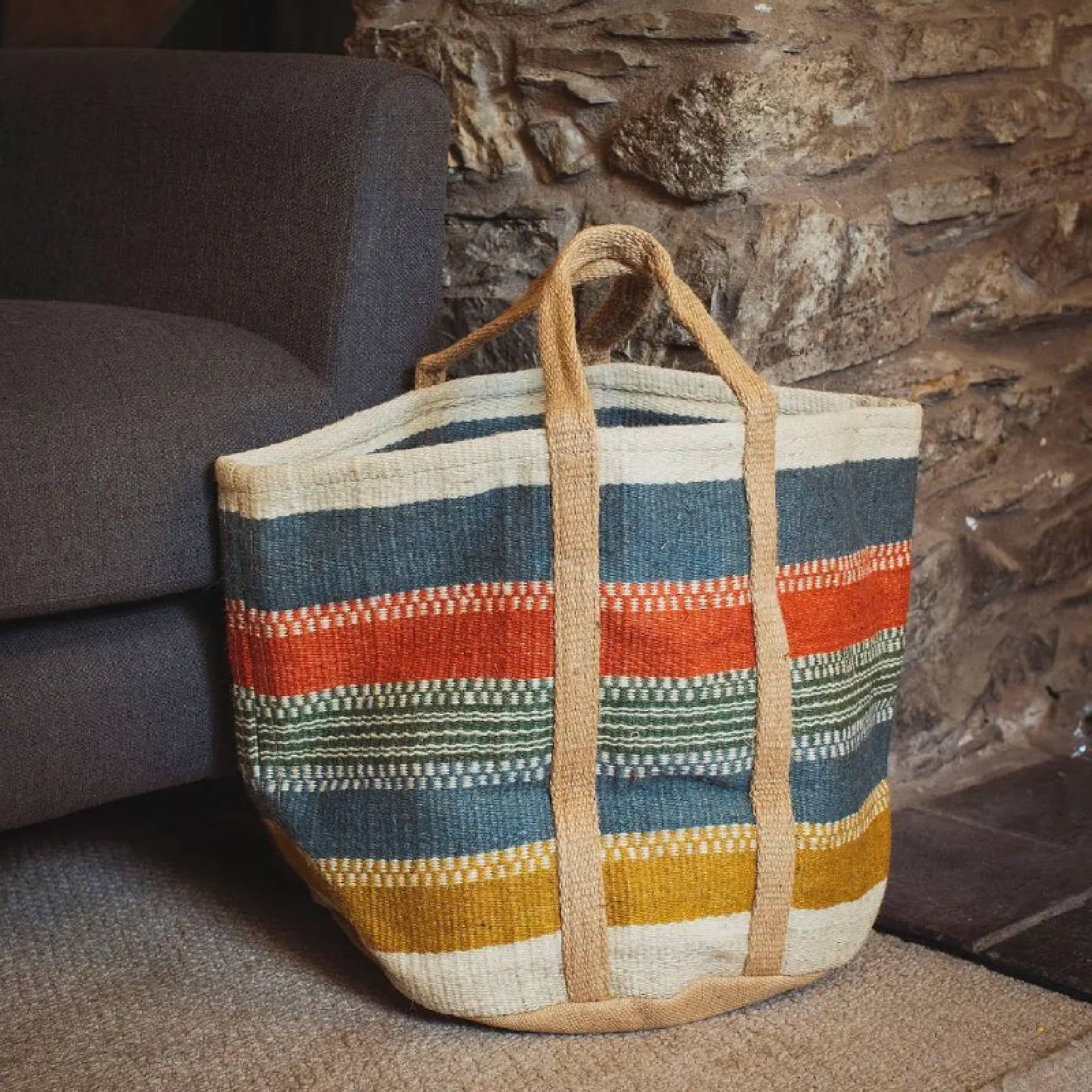 Large Jute Basket With Handles In Multi-Colour Stripe